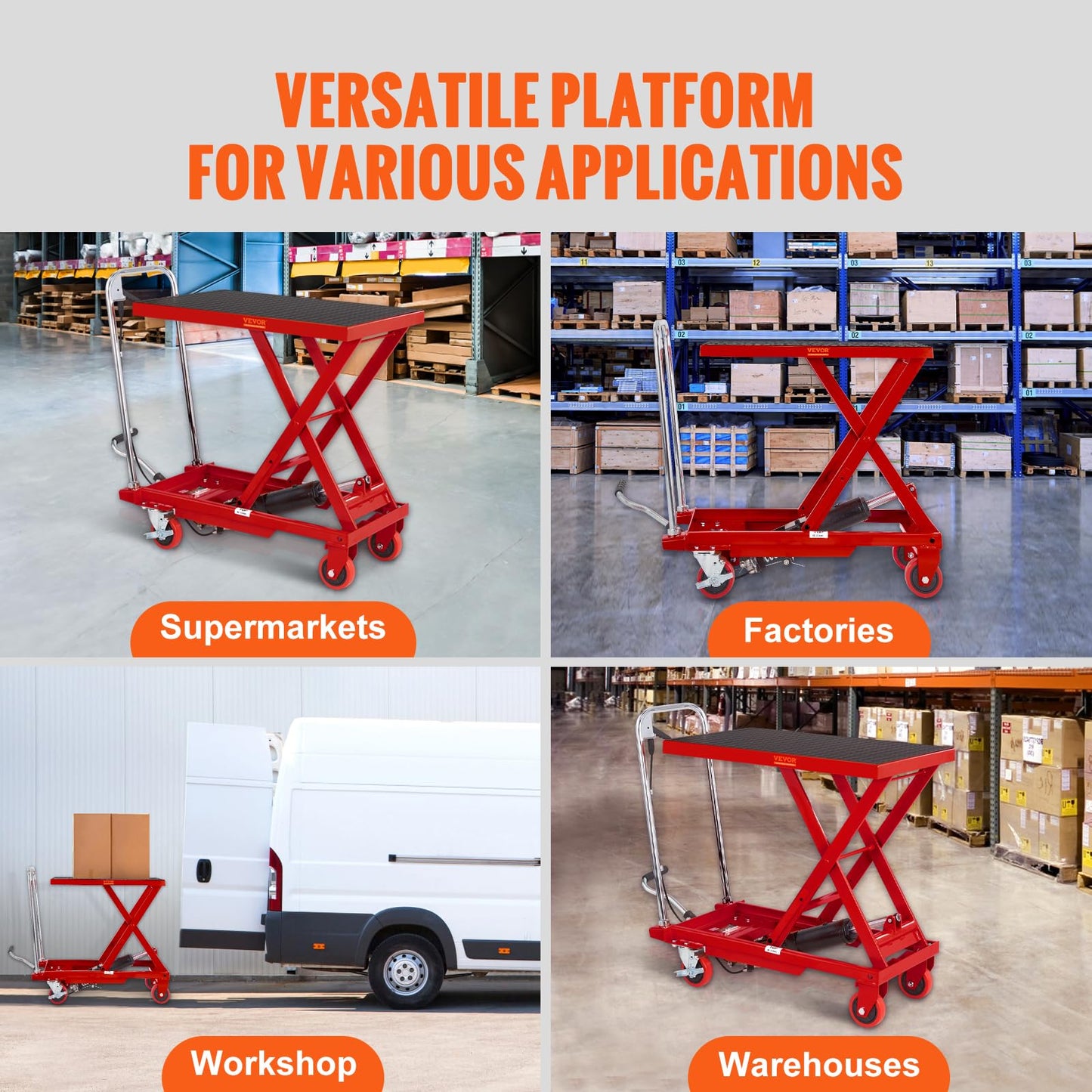 VEVOR TF23 Hydraulic Lift Table Cart, 500lbs Capacity 28.5" with 4 Wheels and Non-Slip Pad, for Material Handling and Transportation, Red