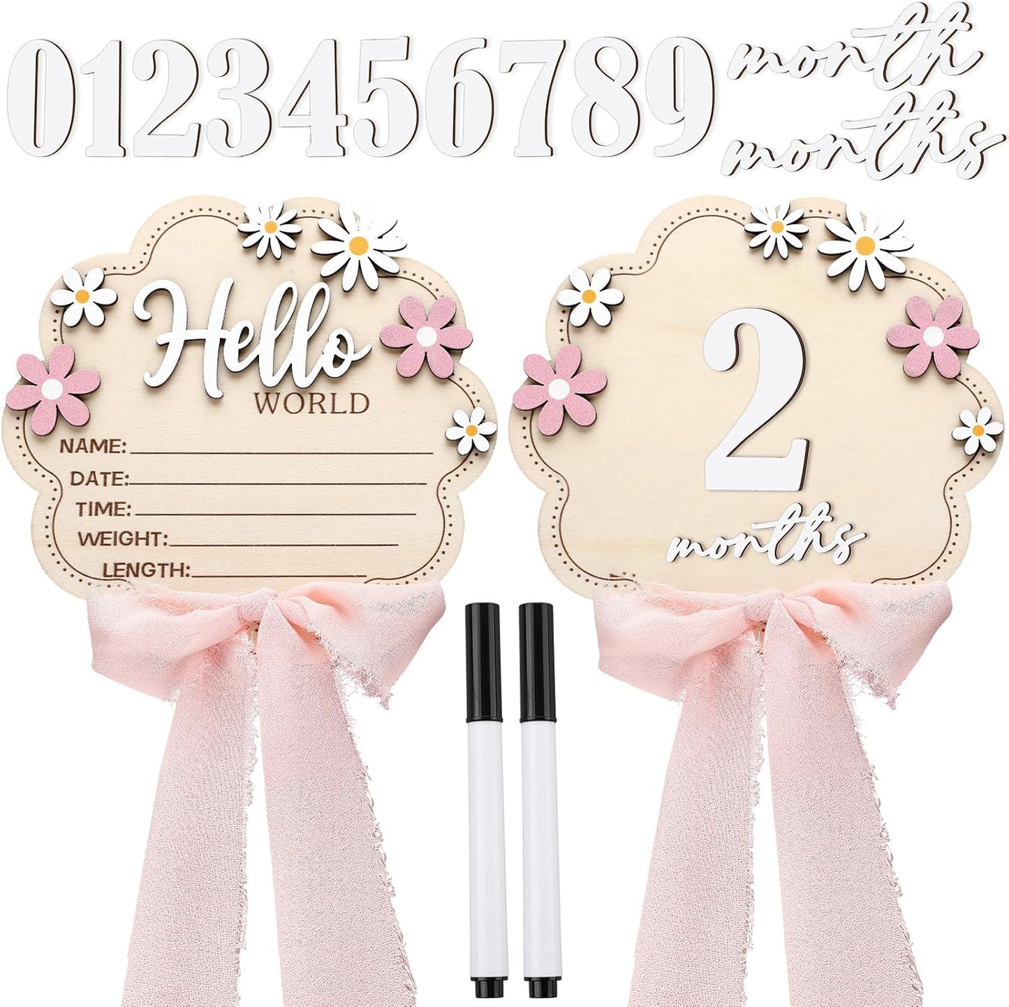 1-12 Amyhill Pink Bow Baby Announcement Sign Wooden Monthly Milestone Blocks with Number Hello World Newborn Signs Pink