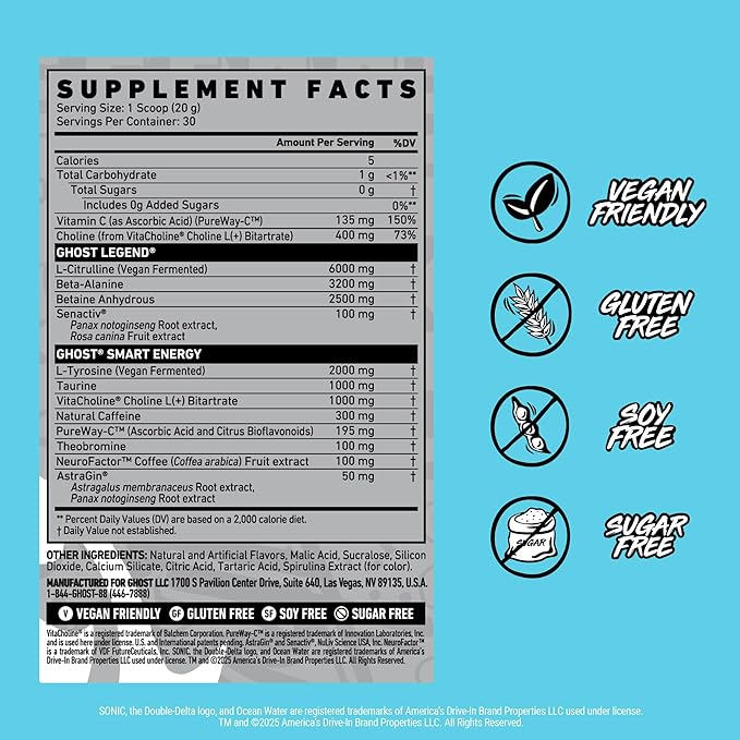 GHOST Legend Pre-Workout Powder, Sonic Ocean Water - 30 Servings ??Pre-Workout for Men & Women with Choline, L-Citrulline, & Beta Alanine for Energy & Focus