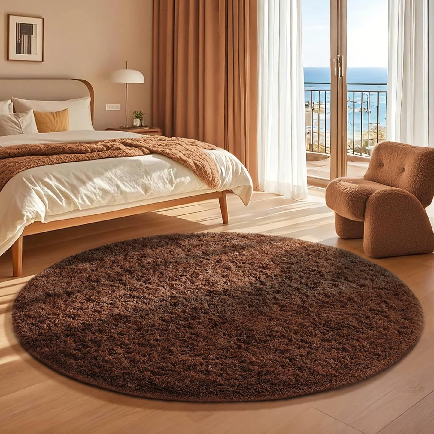 Ophanie Round Rug - 4Ft Brown Circle Area Rug | Fluffy Plush Shaggy Carpet for Kids' Rooms & Nurseries