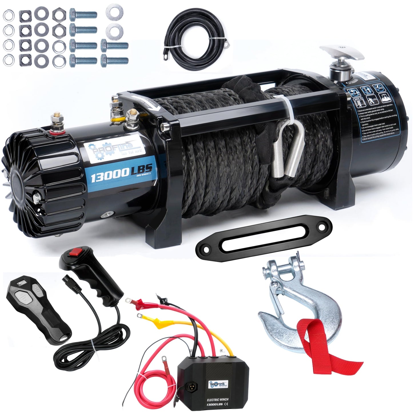 PROFLine Electric Winch 13000 lbs ATV Winch 12V with Synthetic Rope and Hook Truck Winch with Hawse Fairlead Remote Control for Towing UTV SUV Off Road Vehicle