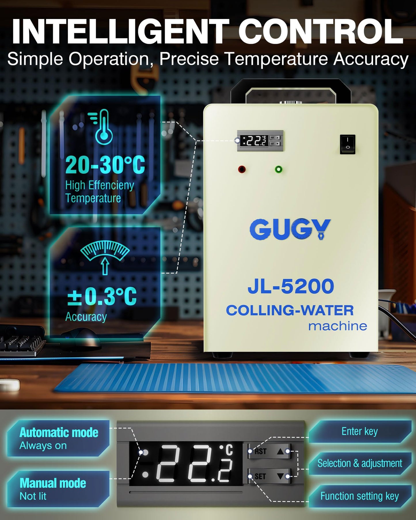 GUGY JL-5200 6.5L Evercold Industrial Water Chiller 0.81HP 3.43gpm 5699Btu/h Water Chiller Cooling System with 2 Inlets & Outlets for 60W 70W 80W 90W 100W 120W 130W 150W CO2 Laser Engraving Machines