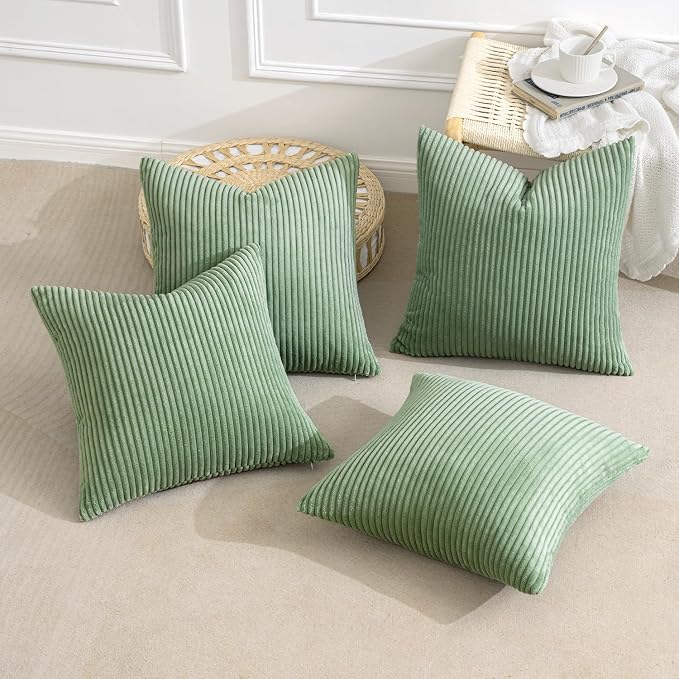MIULEE Boho Farmhouse Throw Pillow Covers 18x18 Inch Set of 4 Mordern Nordic Cushion Covers Soft Corduroy Spring Home Decor for Couch Bed Sofa Living Room Sage Green