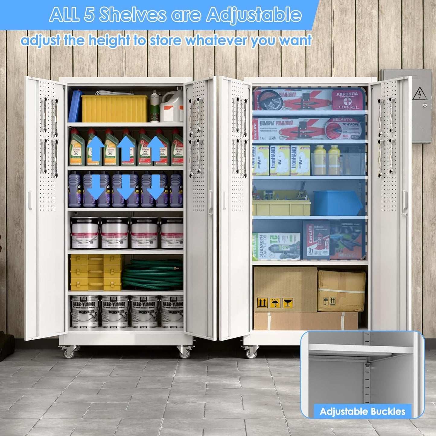 Reemoon 71" Tall Metal Garage Storage Cabinet with Wheels and Pegboard, Rolling Steel Cabinet with 5 Adjustable Shelves and Locking Doors for Garage Home Office Storage, White, Assembly Required