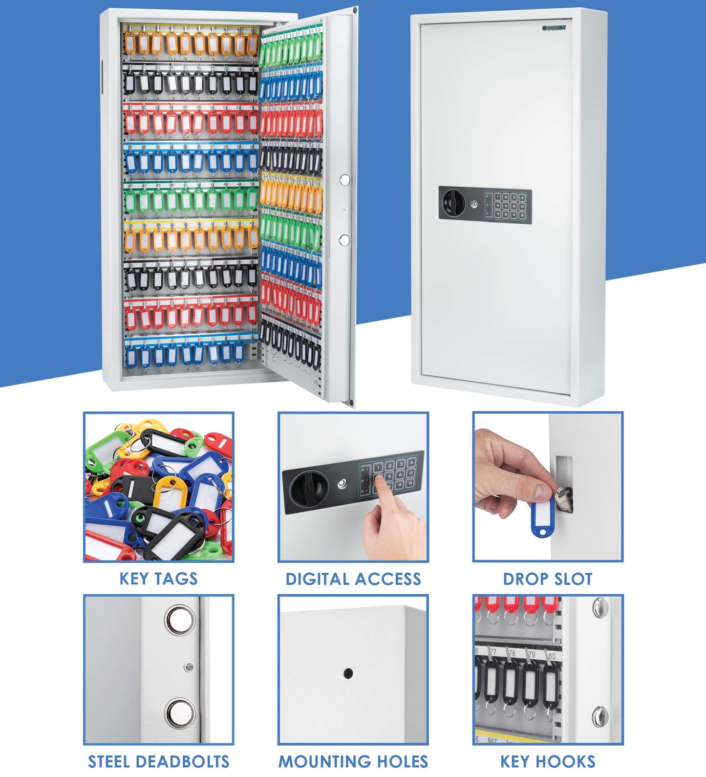 Barska Digital Keypad Wall-Mount Key Cabinet Safe – Steel Lockbox with Pry-Resistant Deadbolts, Holds 180 Keys, Key Deposit Slot, Security Organizer for Home, Office, Business
