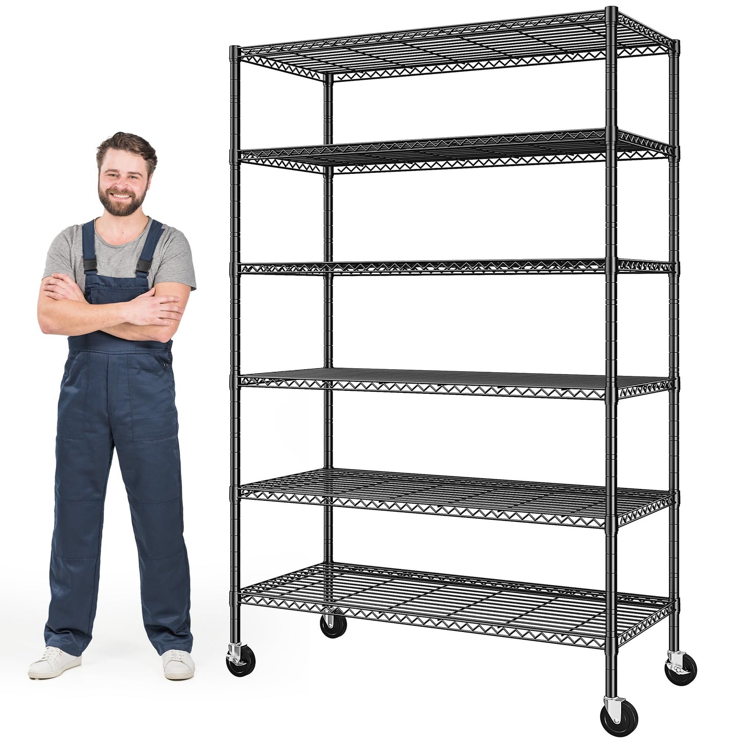 Romorgniz 6-Tier Rolling Storage Shelves, 82" H x 45" W x 18" D Adjustable Wire Shelving Unit with Locking Wheels, Heavy-Duty Metal Rack for Garage, Pantry, Kitchen, Basement – Black