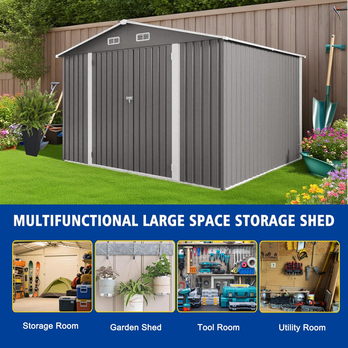 120"x96"x76.4" Metal Storage Shed Outdoor Garden Tool Shed, Galvanized Steel Lockable Backyard Organizer, Double Door Utility Shed with Windows for Lawn Equipment, Bikes, Patio & Backyard Storage