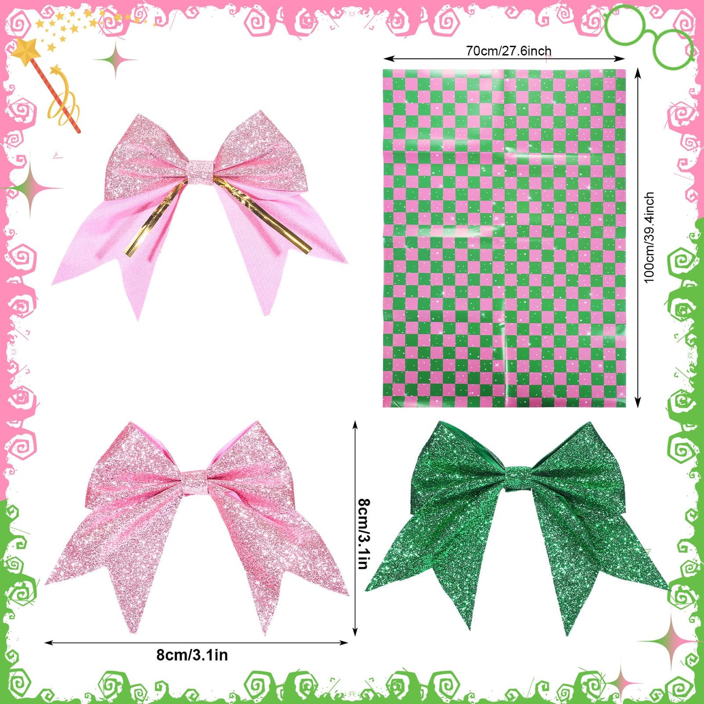 Honeydak 5 Pcs 18 oz Witch Pink Green Crystal Wine Glass Set Includes 2 Theme Wine Glass 2 Glitter Bows and 1 Designed Wrapping Paper for BFF Couples Witch Lover Musical Play & Movie Lovers Gift