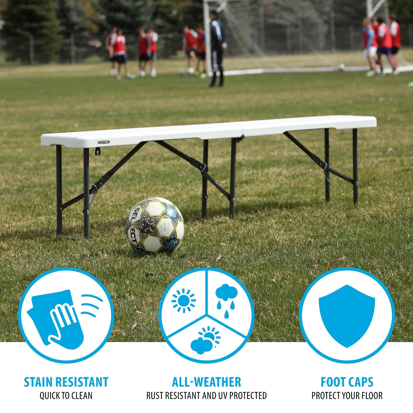 LIFETIME Portable Folding Bench, 6‑Foot Fold‑in‑Half, UV‑Resistant Seat, Powder‑Coated Steel Frame, Lightweight, Stain‑Resistant, Non‑Marring Foot Caps, Indoor/Outdoor Portable Seating