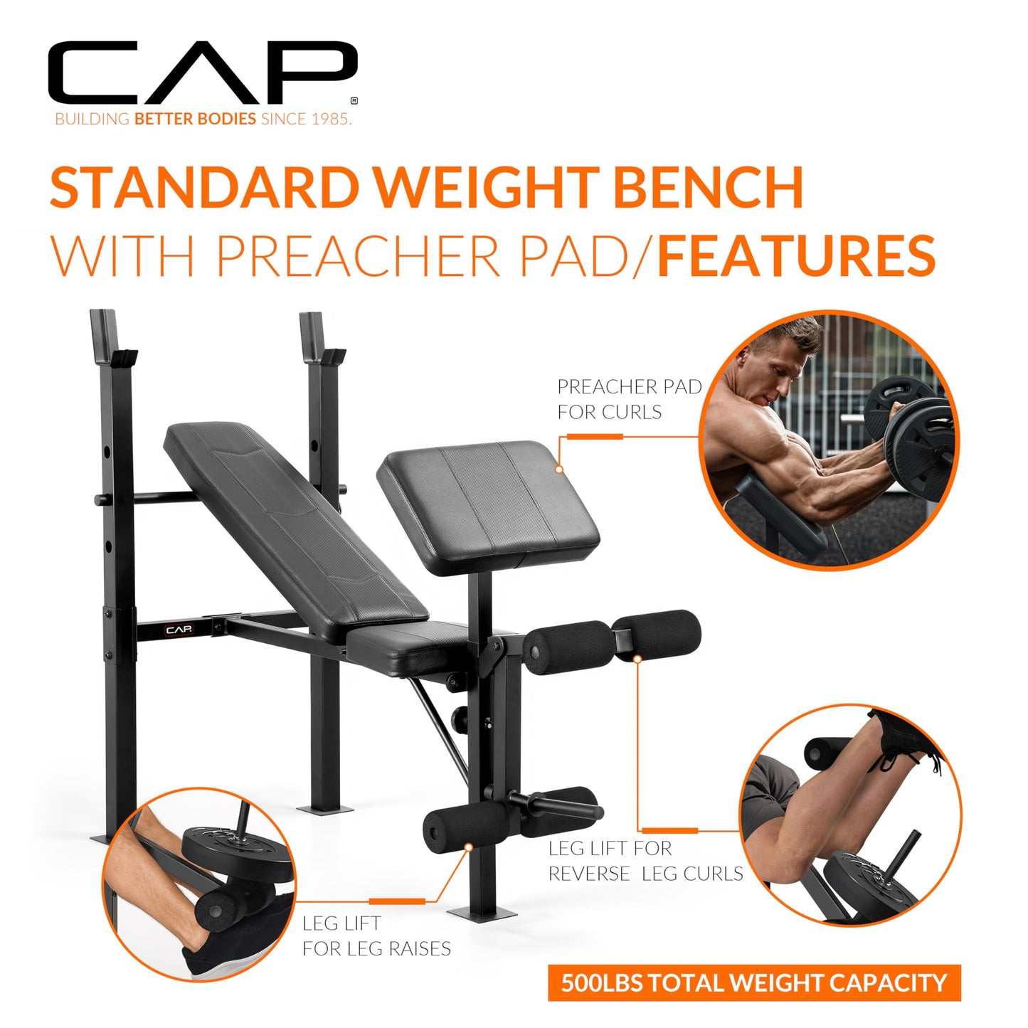CAP Standard Weight Bench with Preacher Pad | Adjustable Bench Press Station with 4 Backrest Positions, Leg Developer, Steel Frame, 500 LB Capacity | Home Gym Strength Training Bench