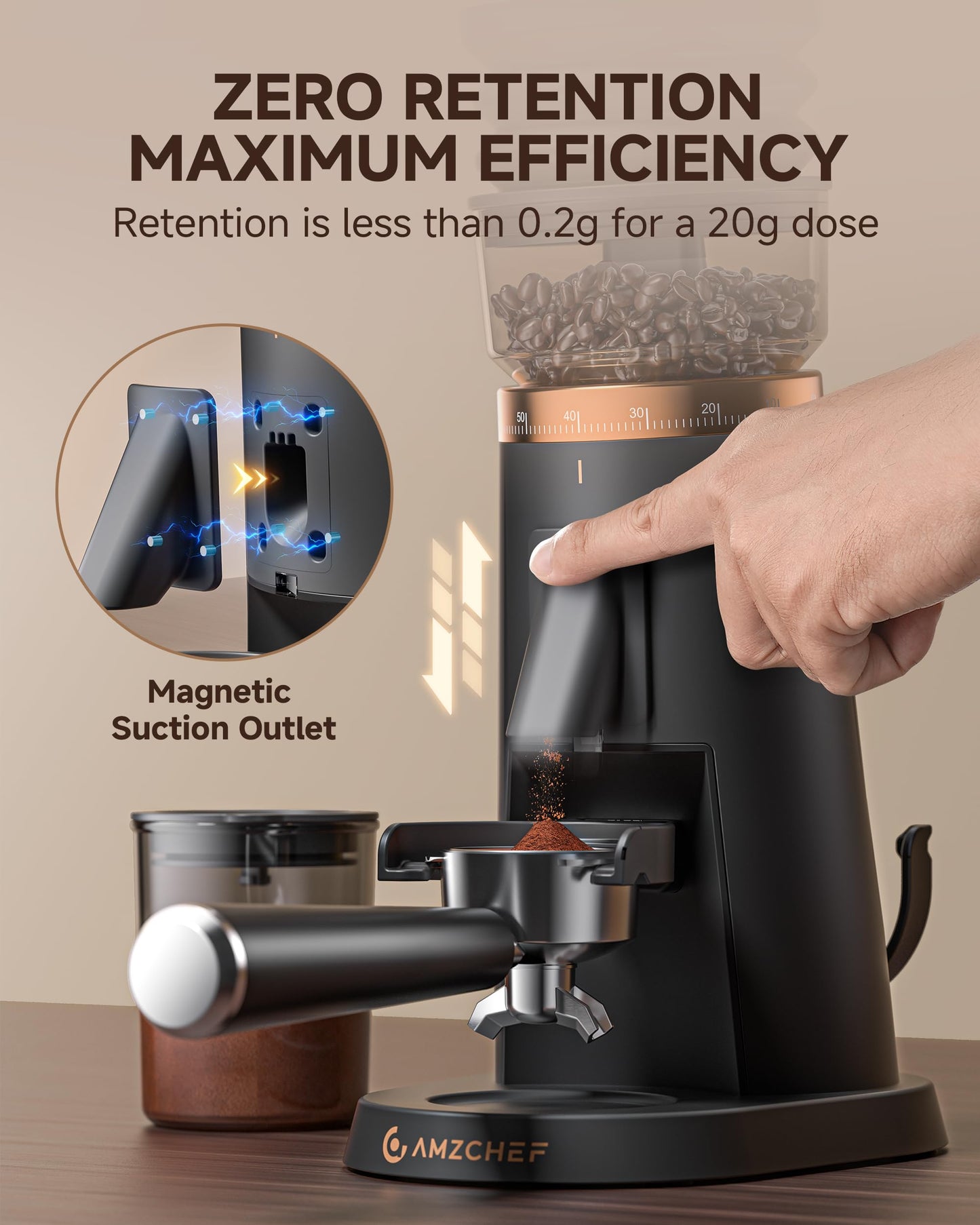 AMZCHEF Single Dose Coffee Grinder with 75 Settings & 40mm Burrs | Anti-Static Espresso Grinder for Home Use | Low Retention Magnetic Outlet | Quiet DC Motor | Vacuum Dosing Cup | LED Light