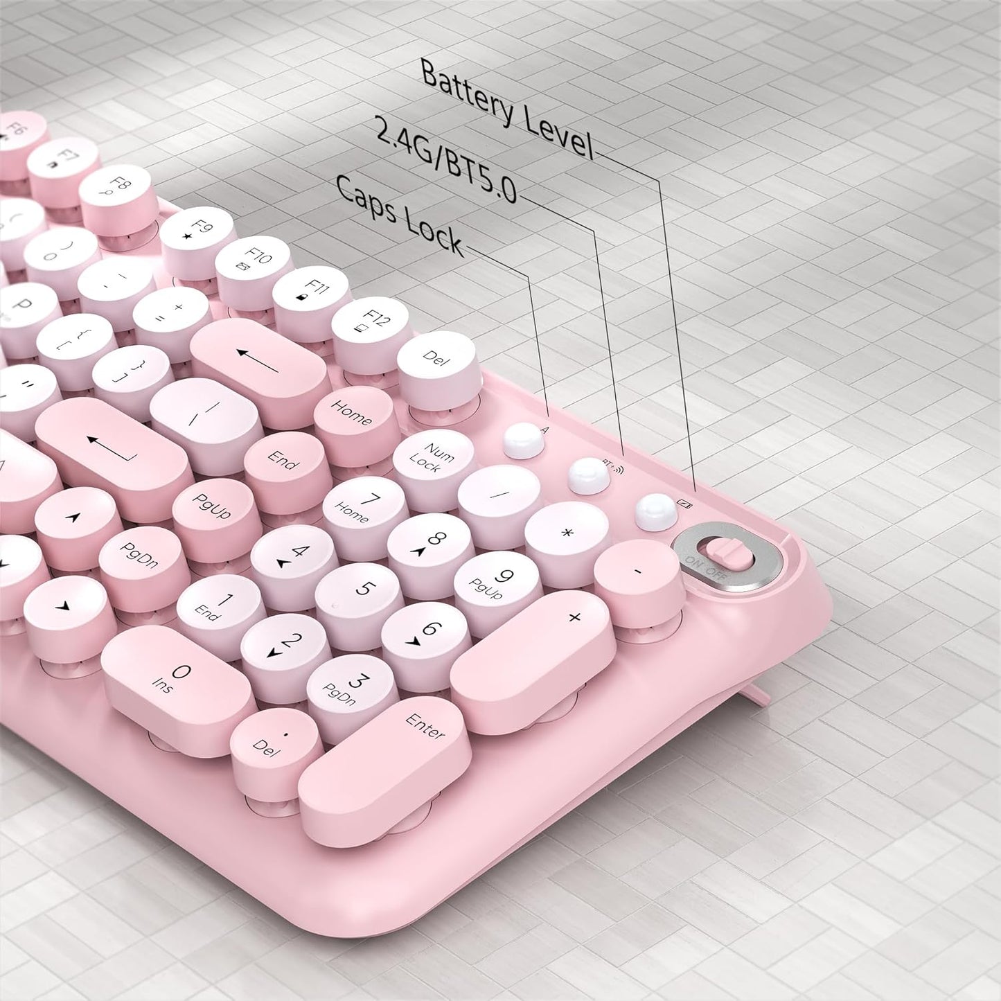 Links9+ 2.4GHz Wireless Bluetooth Keyboard, Retro Round Typewriter Keyboard, Dual Mode Bluetooth & Receiver, Compatible