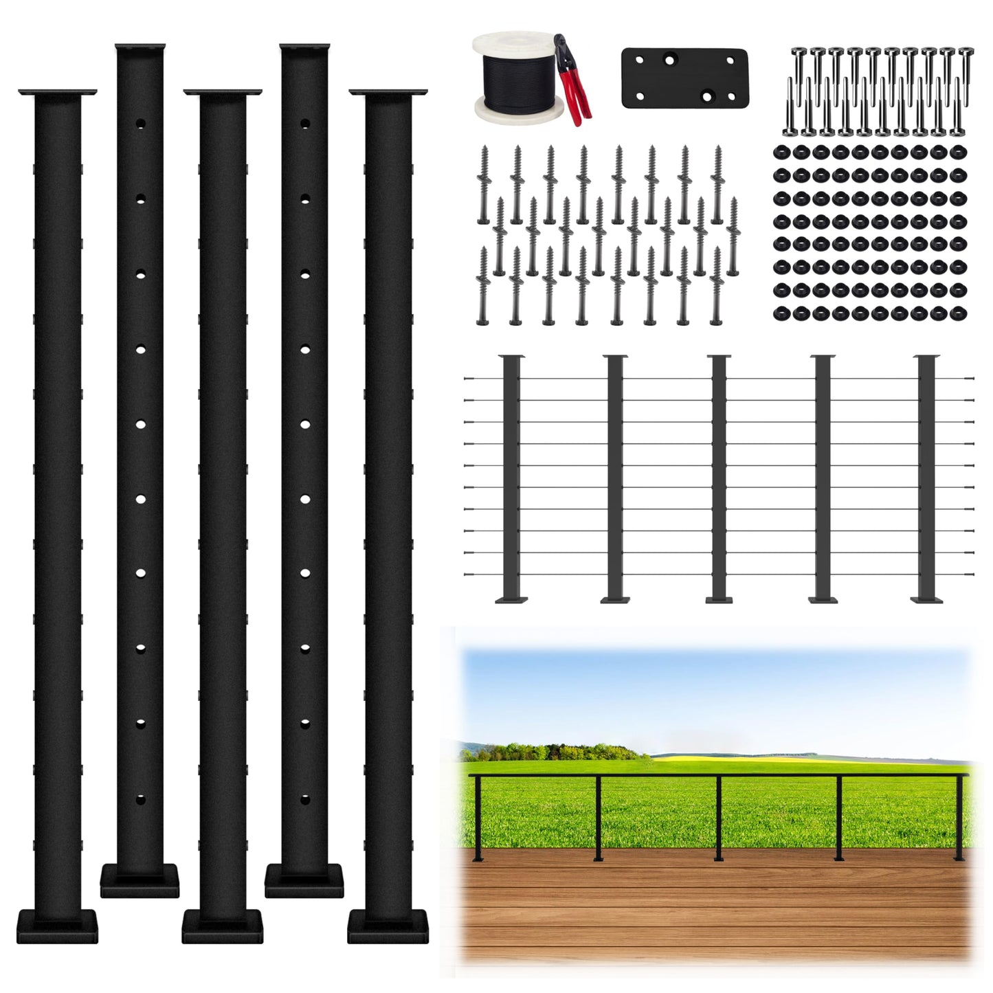 Patavin Complete Set 36" Cable Railing Post Kit, Black Level Drilled Cable Railing Post, Invisible Cable Railing System Kit, 1/8" Stainless Steel Cable, 5Pack Posts with Cable Grommets (No Handrail)