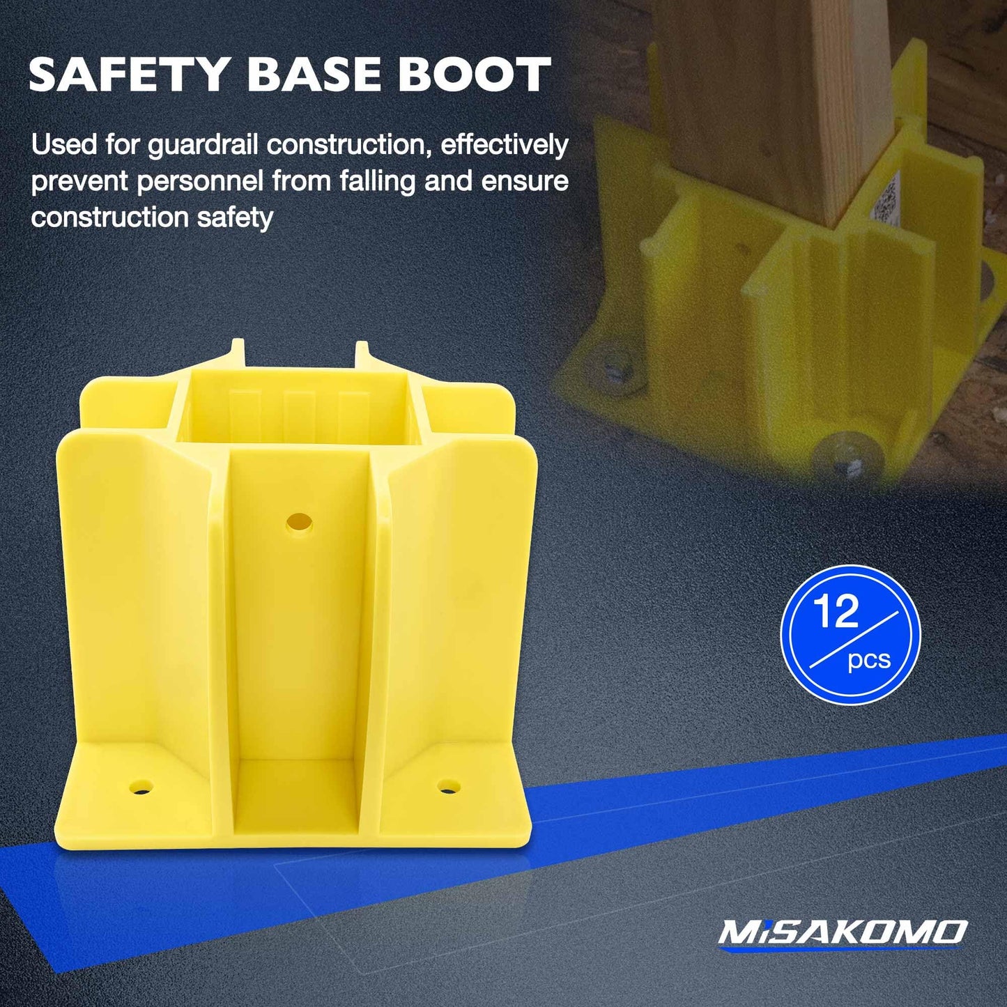 12PCS Yellow Safety Base Boot - Guardrail Base with Toeboard Slots - Reusable Fall Protection Accessories for Residential & Commercial Construction