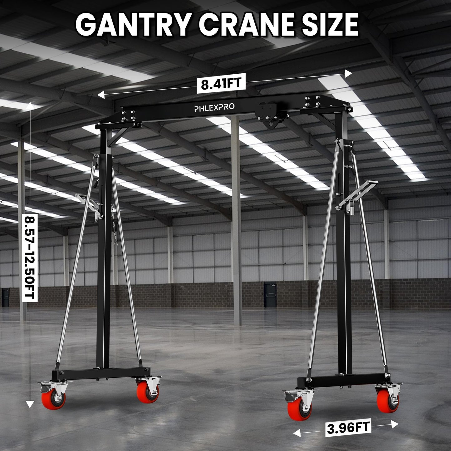 1 Ton Gantry Crane - MAX3000Lbs Portable Hoist Frame with Steel I-Beam Construction, Adjustable Height 8.57-12.50ft, Lifting Gantry for Factories, Garage, Auto Repair, Construction Site, Black