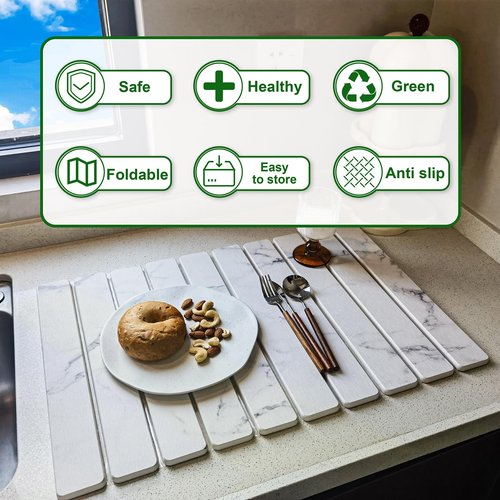 Large Stone Dish Drying Mat for Kitchen Counter, 24"×16" Quick Dry Collapsible Diatomaceous Earth Mat – Super Absorbent Foldable Drying Pad for Dishes (Marble White, 23.2" x 15.4")