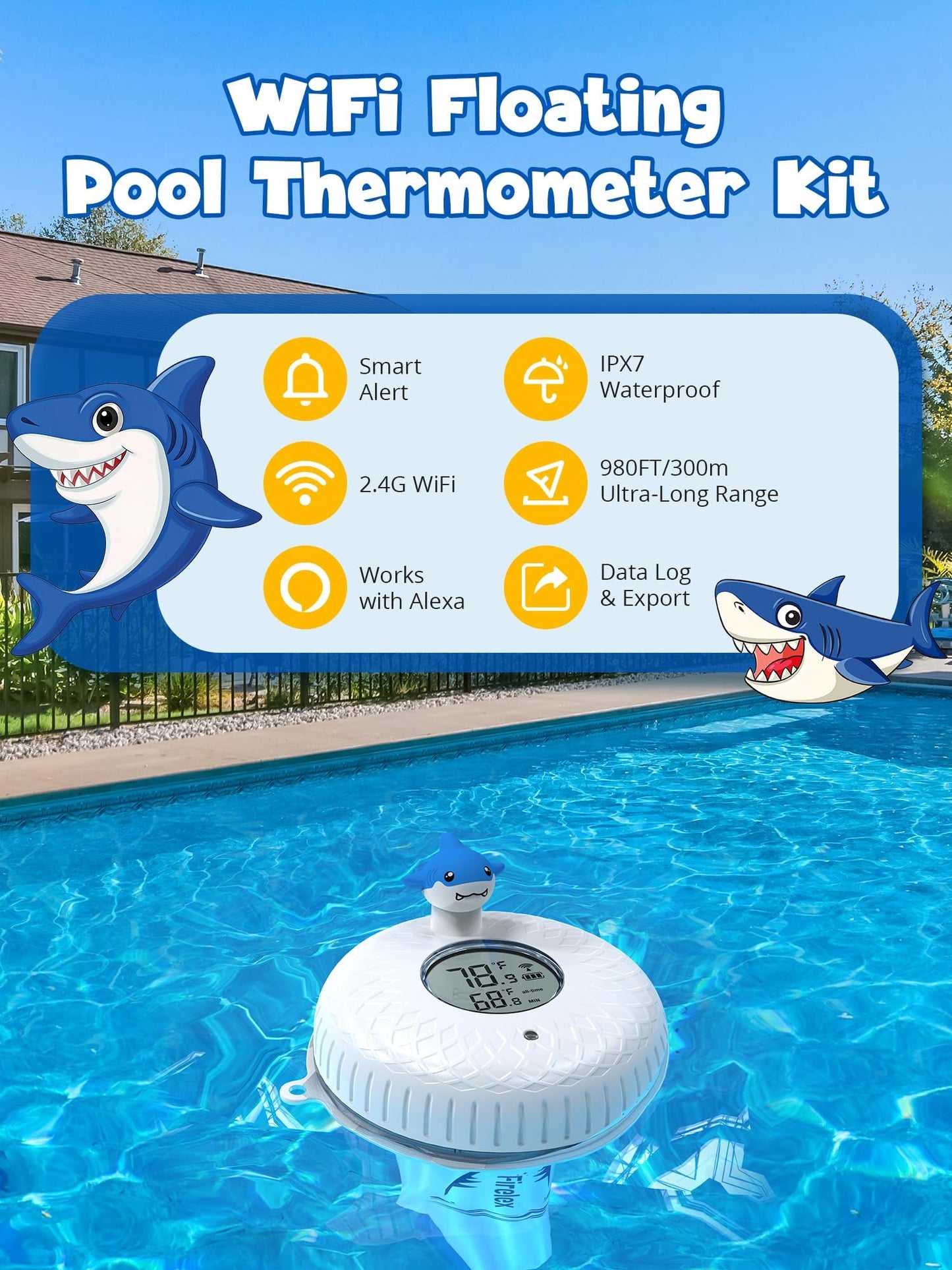 Firelex WiFi Pool Thermometer Wireless with App Remote, Easy Read Smart Thermometer Floating | Digital -40~158℉ Water Temperature Monitor IPX7 | Funny Shark for Swimming Pool, Hot Tub, Spa, Ice Bath