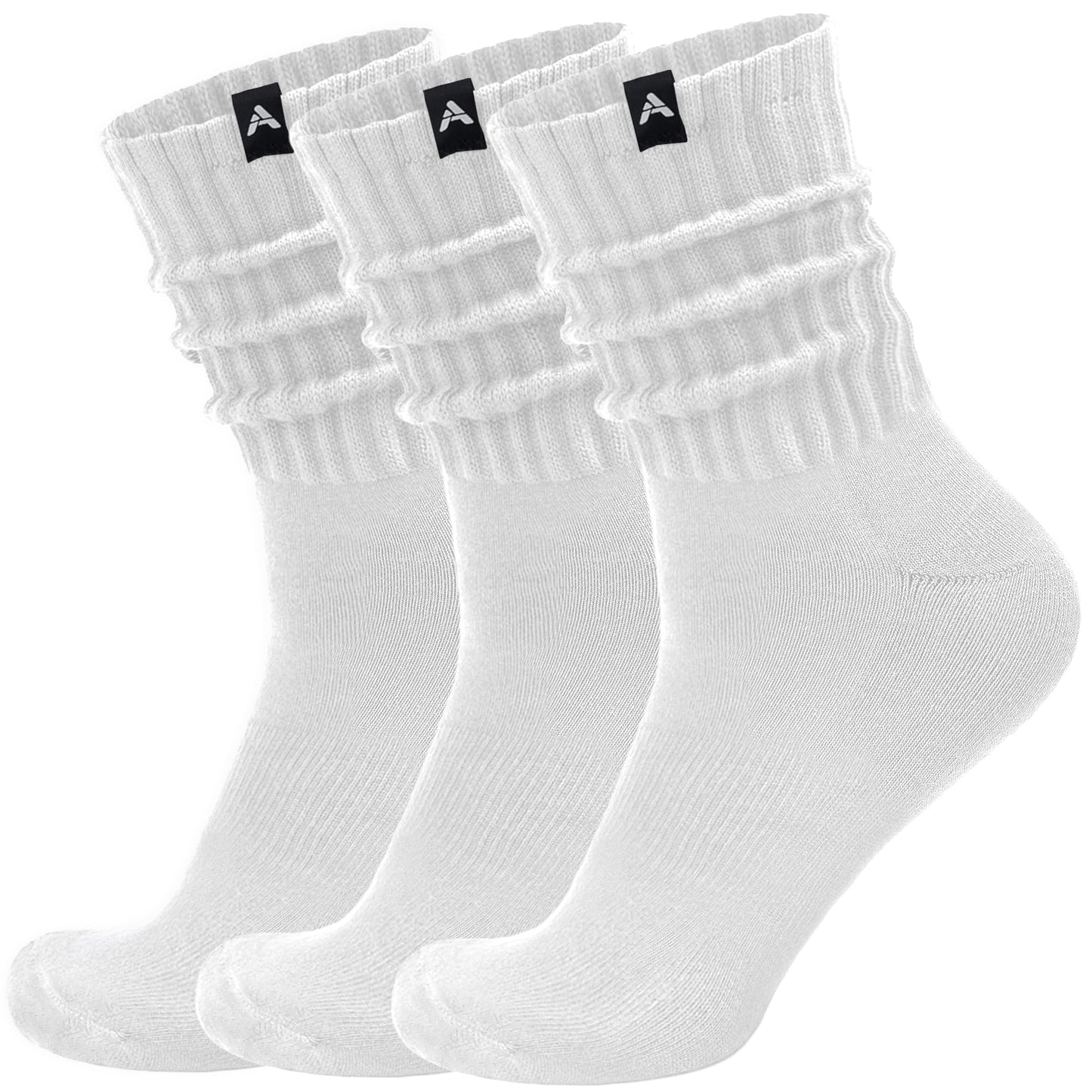 AugRing Scrunch Slouch Crew Socks Retro Ribbed Cotton Cushioned 3 Pack Boot Sneaker Gym Cozy Calf Socks For Men & Women (US, Numeric, 5, 10, Regular, Regular, 3 Pack White)