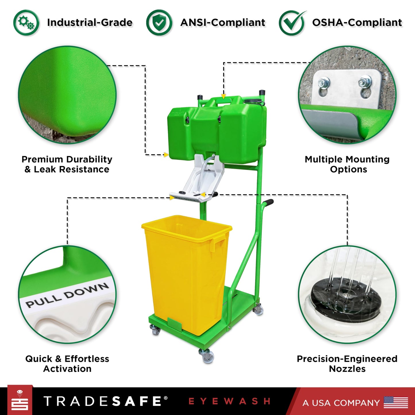 TRADESAFE Portable Eye Wash Station OSHA Approved - Emergency Eye Wash Station, 8 Gallon Eye Wash First Aid with Cart and Wastewater Bin, Eyewash Station Sign, OSHA and ANSI Compliant
