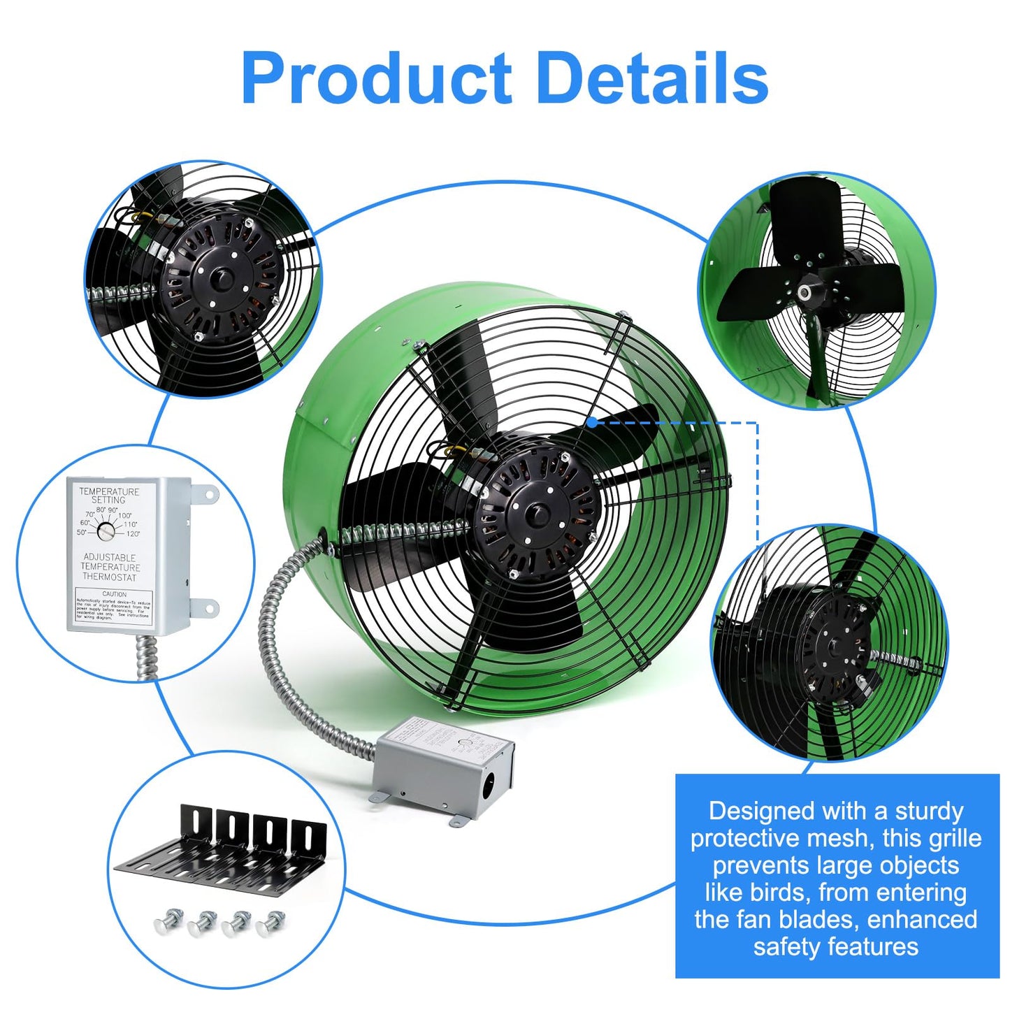 Vent Attic Fan with Adjustable Thermostat, 15" Gable Mount Ventilation Exhaust Fan 1650 CFM, 1075 RPM, 2500 SQ. FT. Attic Ventilator Green for Gable, Shed, Home