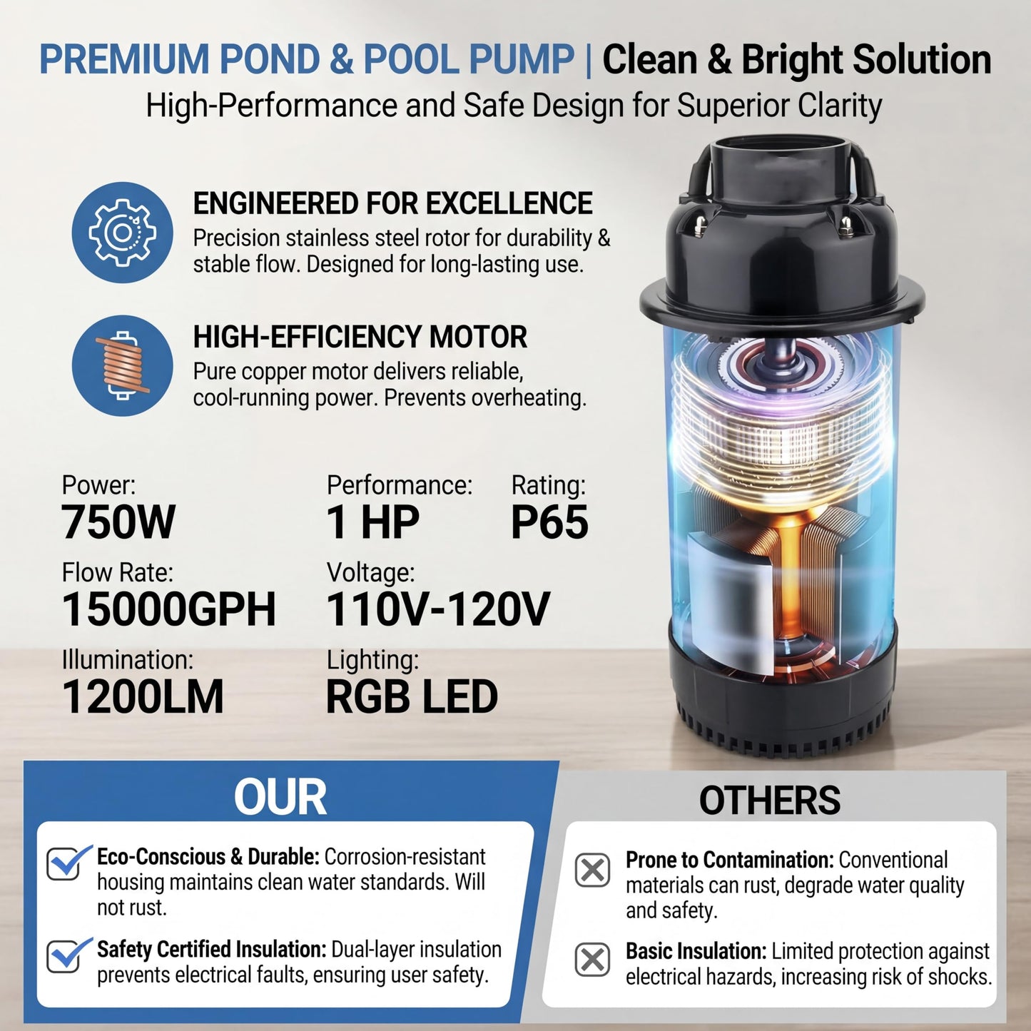 Large Energy-Efficient 1HP Pond Aerator with Automatic 5-Color Changing LED Lighting – 15000 GPH 750W Floating Fountain Pump for Ponds & Lakes, Includes 100ft Cable & Timer Controller