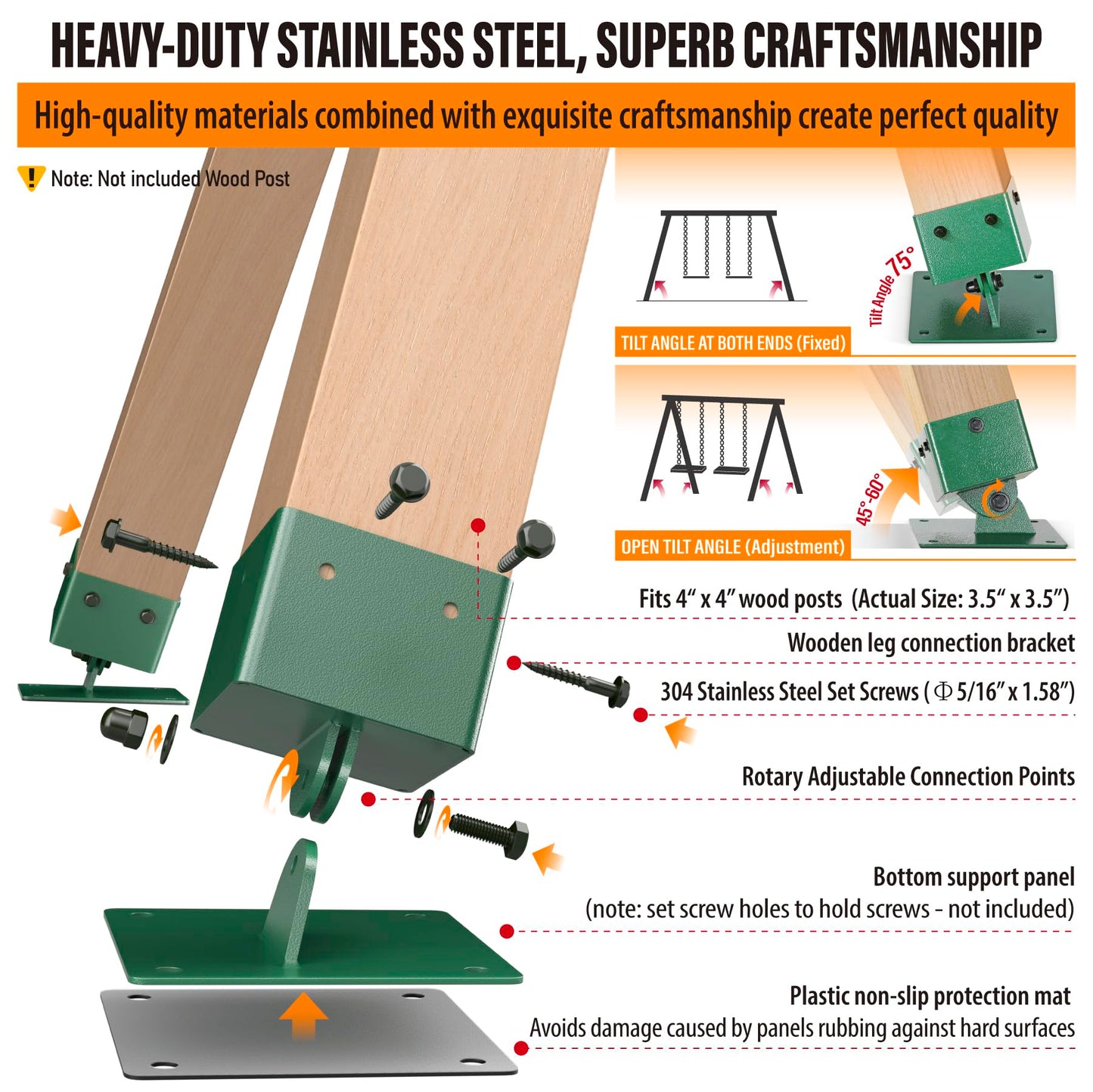 Swing Brackets Heavy Duty Swing Leveling Base Brackt 45°-60° Angle Range Swing Set Brackets Stainless Steel Swing Anchor Leveling Kit Bracket Level on Uneven Ground fits Grass Gravel and Hard Ground