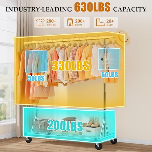 Gewudraw Heavy Duty Clothes Rack - Adjustable Portable Garment Rack with Sturdy Wheels & Shelves | 630 lbs Capacity, Chrome Stainless Steel