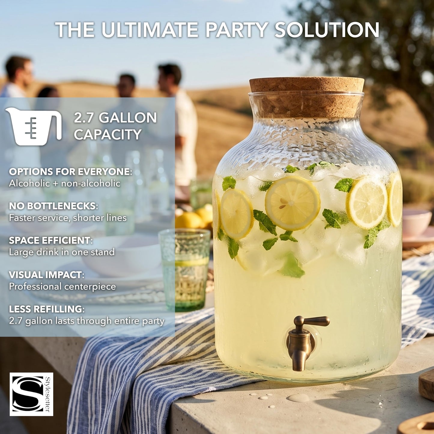 Style Setter Beverage Dispenser Cold Drink Dispenser w/ 2.7 Gallon Capacity Glass Jug, Cork Lid & Leak-Proof Acrylic Spigot, Great for Parties, Weddings & More
