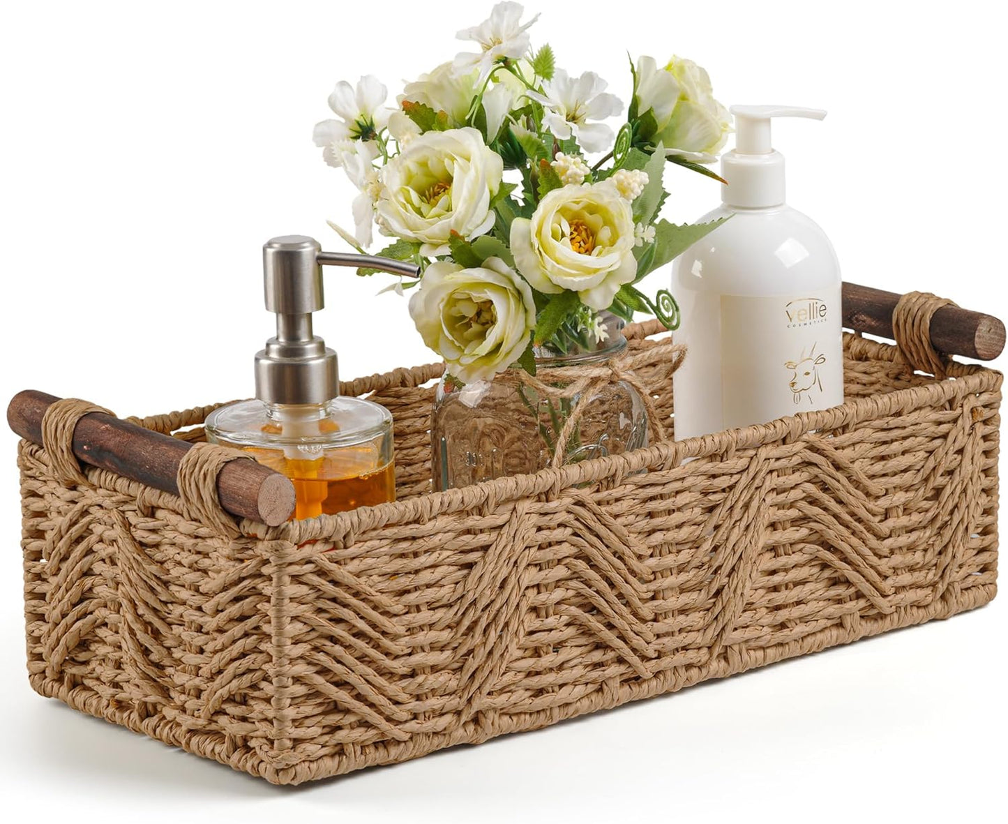 Skiennix Bathroom Baskets - Decorative Storage with Handle for Countertop & Toilet Paper | Cream Set