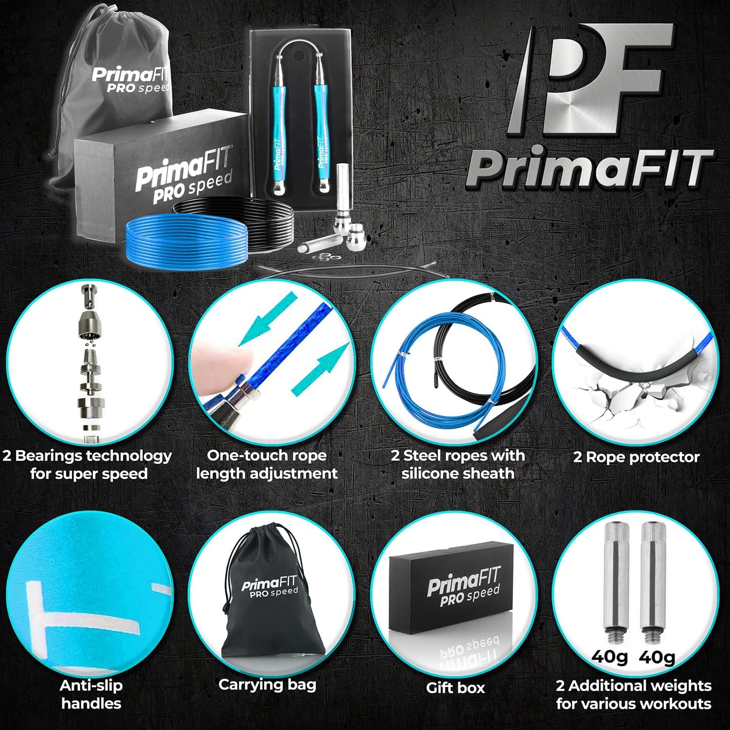 PrimaFIT Jump Rope Pro Speed Skipping Rope Adjustable Adult Jumping Rope Weighted Aluminium Handles for Double Dutch Boxing Workout Crossfit Exercise Fitness Spare Cable Weights Protectors Carry Bag
