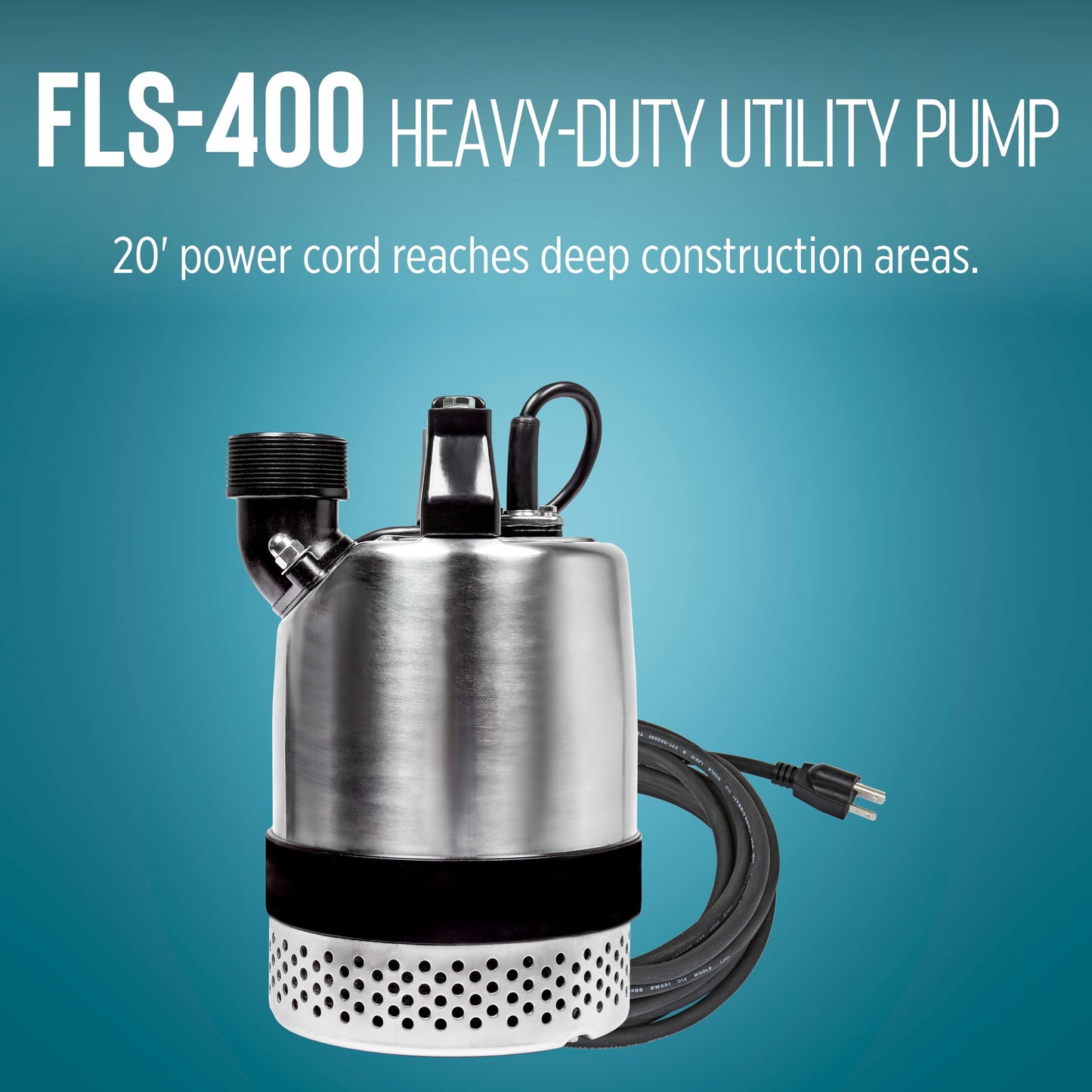 Little Giant FLS-400, 115-Volt, 3600 GPH, 1/2 HP Heavy-Duty Manual Stainless Steel Submersible Utility Pump with 20-Ft. Cord, Steel, 620240