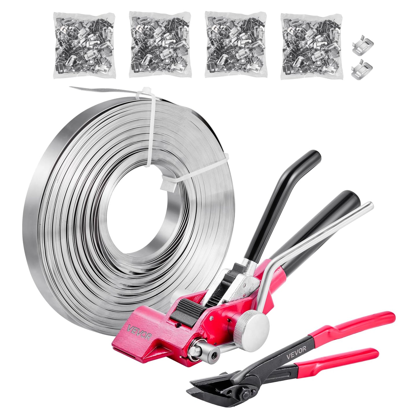 VEVOR Steel Banding Strapping Kit, Heavy Duty Banding Sealer Tool with 400 ft Binding Straps, 400 Metal Clasps, Manual Pallet Packaging Strapping Kit for Warehouse, Transportation, Industrial Bundling