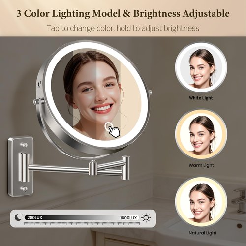9" Large Wall Mounted Lighted Makeup Mirror, 5000mAh Rechargeable 1X/15X Magnifying Mirror with 3 Color Lights Touch Dimmable, Extended Arm 360° Rotation Bathroom Wall Mounted Makeup Mirror, Nickel
