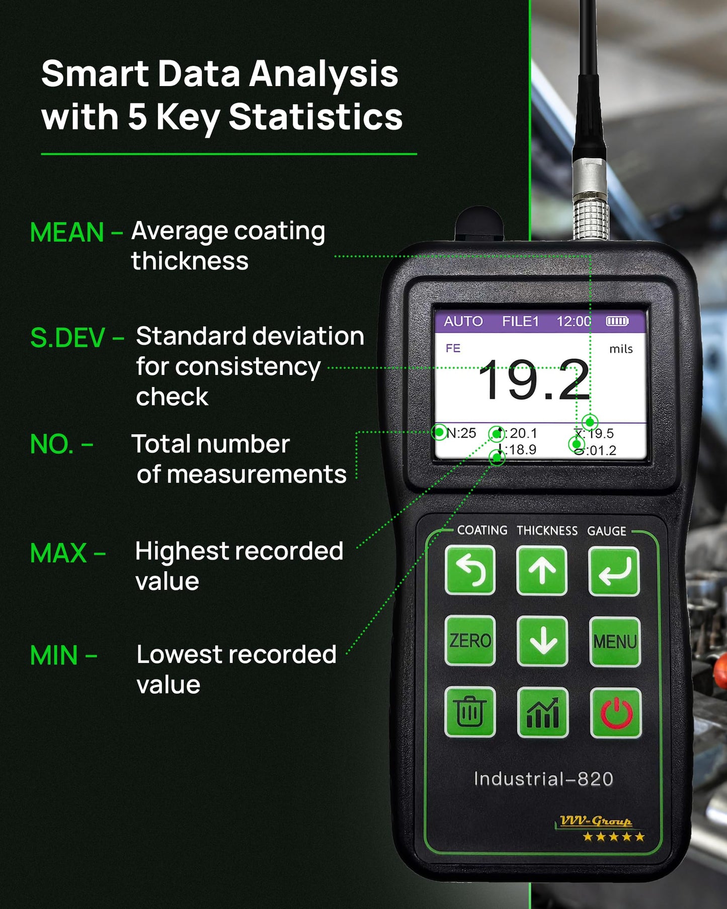 Coating Thickness Gauge Industrial-820 – 0–1500µm (0–59 mils) Dual F/N Probe, USB PC Data Export, 500 Data Groups, Statistics Mode, Alarm Limits, Industrial & Automotive Inspection