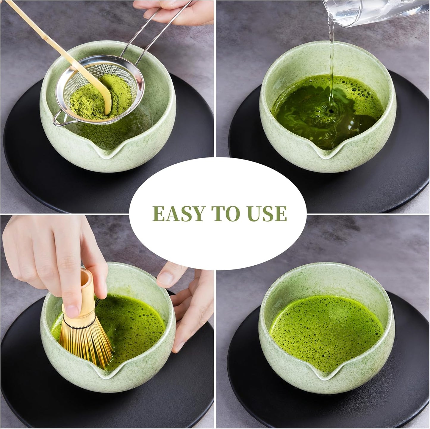 YIBO Matcha Whisk Set - Complete Ceramic Matcha Making Kit with Bamboo Whisk, Bowl & Tools | Mottled Green