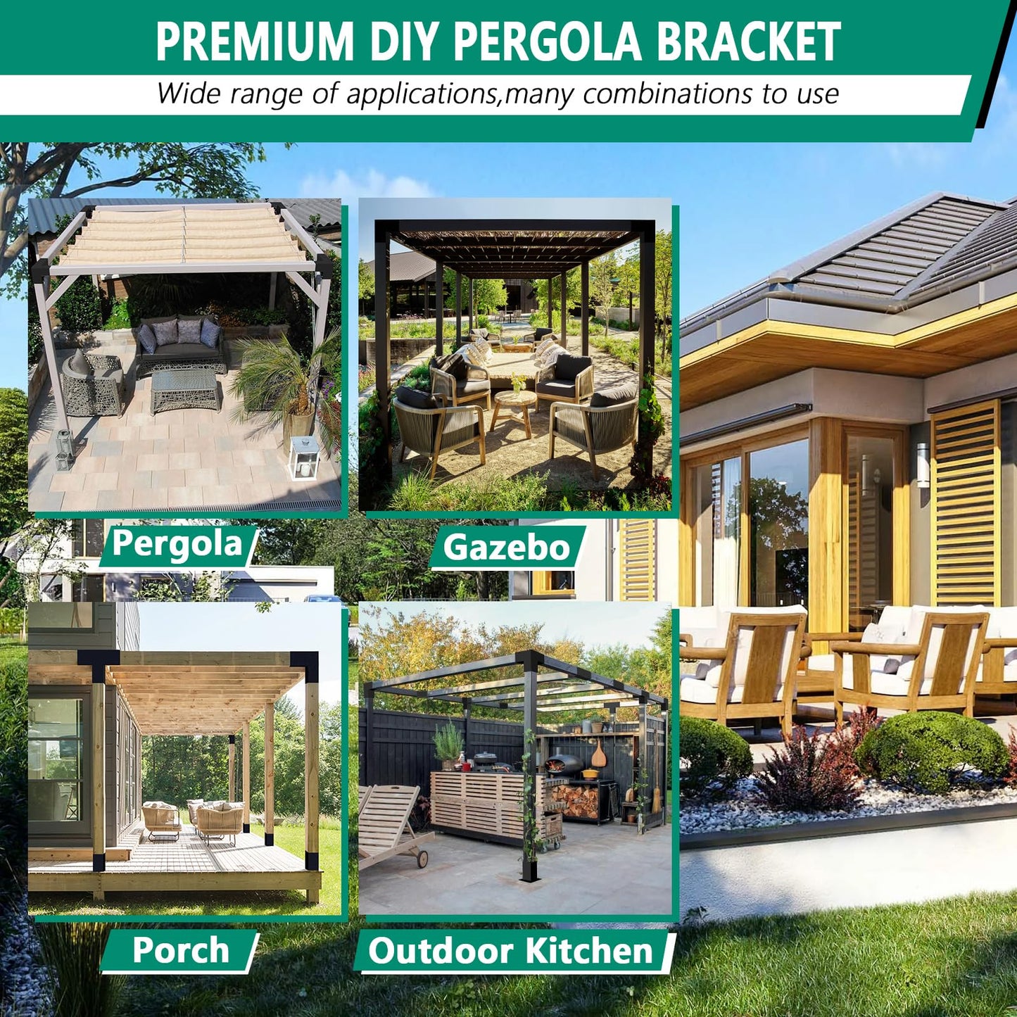 VoTwoofv Pergola Bracket kit,3-Way Right Angle Corner & T-Shaped Flat Bracket for 4" x 4" (Actual: 3.5" x3.5'') Wood Beam for Outdoor Gazebos,Patio Pergolas,Log Cabins - 6Pack