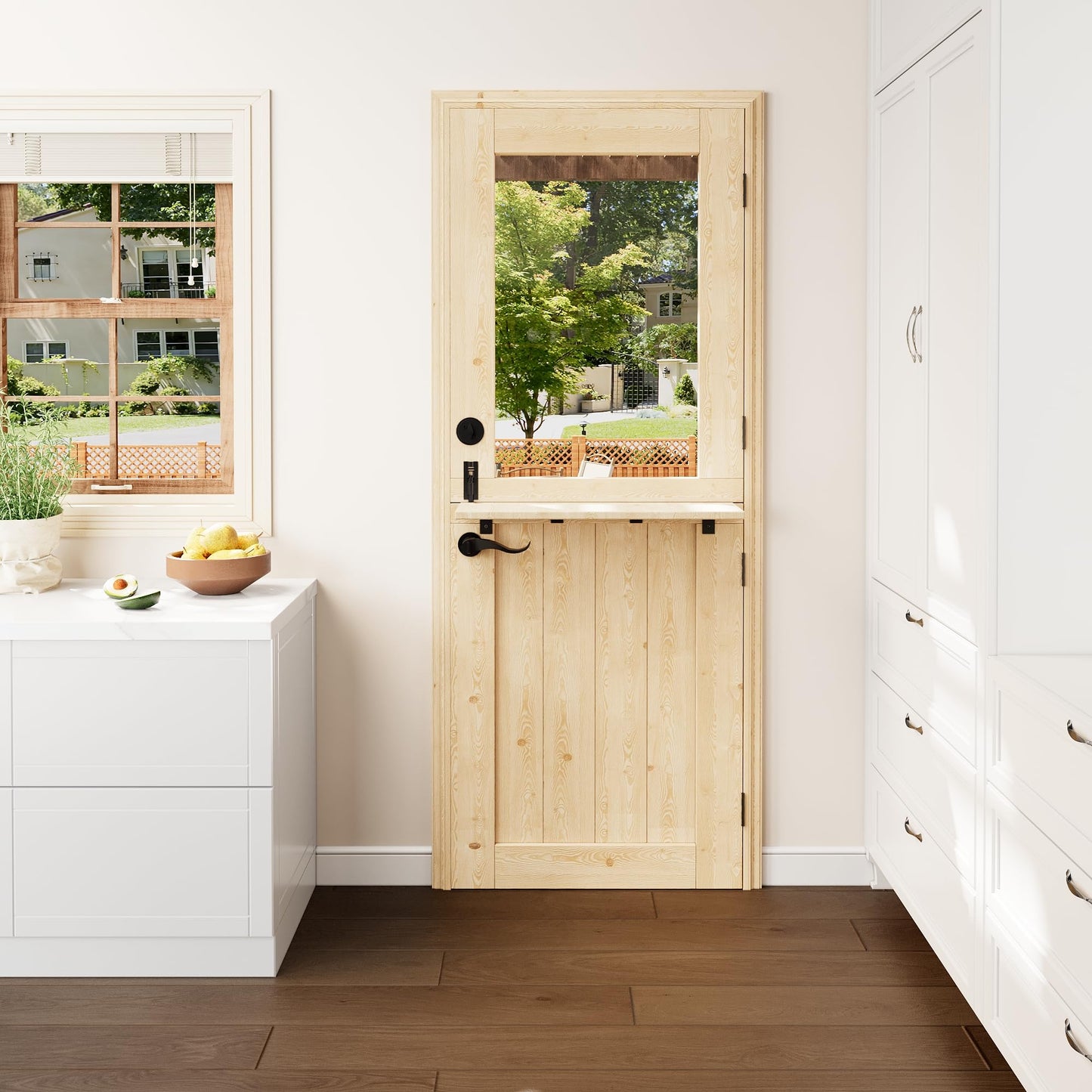Floating Wood Shelves Dutch Door, 1.75" Pine with 1-Lite Glass Split Half Door for Exterior Front Entry, Patio Doorway & Interior Pantry/Back w/32" x 80" Doors Slab+1 Sill+4 Hinges+1 Latch+1 Lock Set