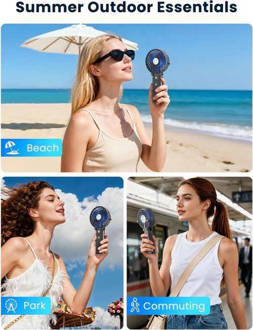 HandFan Portable Handheld Fan - Rechargeable 5200mAh Battery, 3 Speeds, 20H Runtime | Ideal for Travel & Summer (Black & Blue)