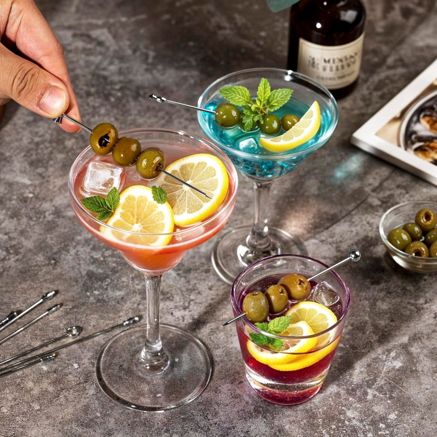 Metal Martini Cocktail Picks 9 Pcs, 4.1 in Olive Skewers Stainless Steel, Martini Garnish Sticks Reusable, Metal Toothpicks for Drinks, Appetizers, Bar Accessories Gift for Bartenders - Sliver