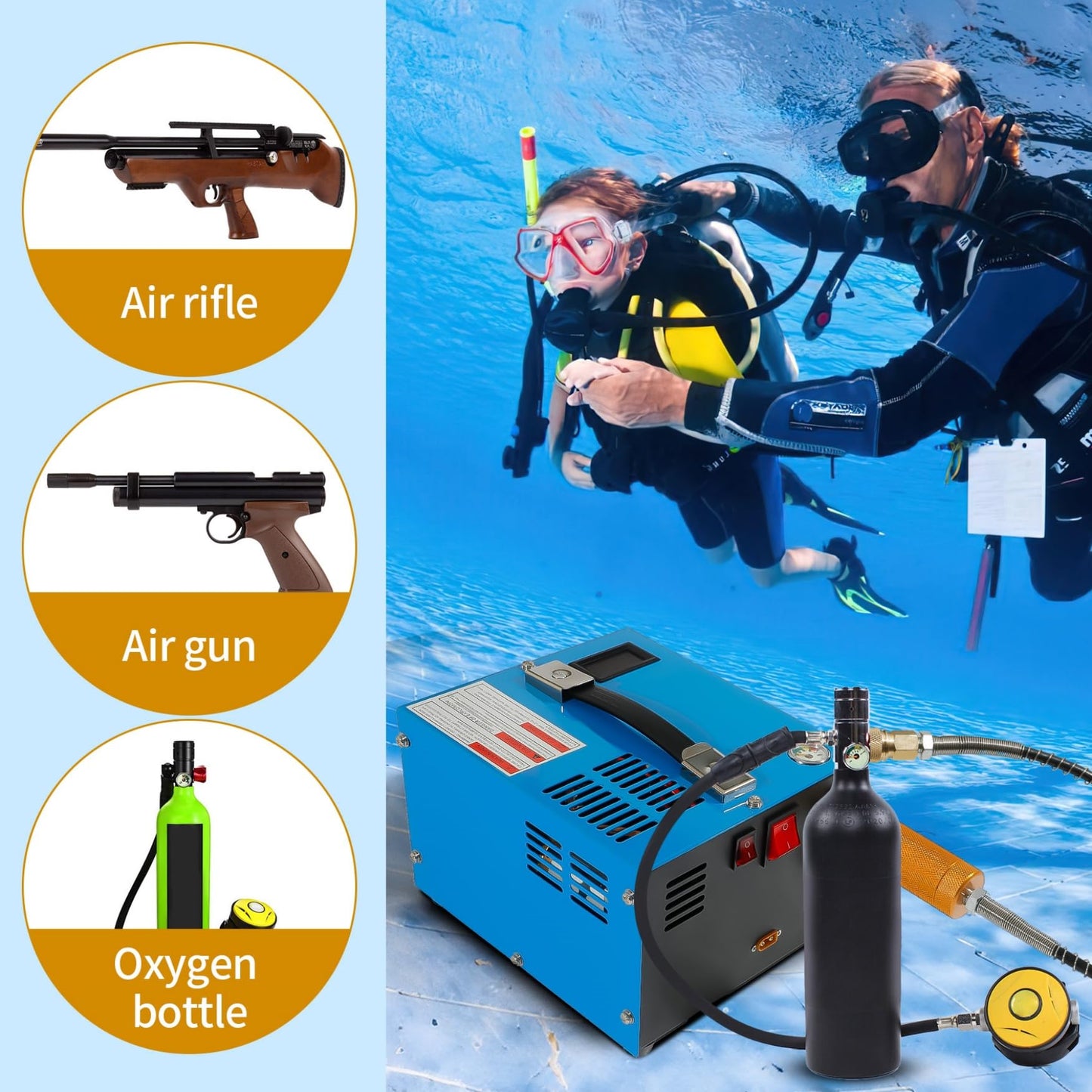 PCP Air Compressor 4500Psi/30Mpa Water/Oil Free PCP Air Pump Rifle,12V Automotive DC 110V AC PCP Airgun Compressor With Power Converter,Built-in Fan,Suitable for Paintball (Blue)