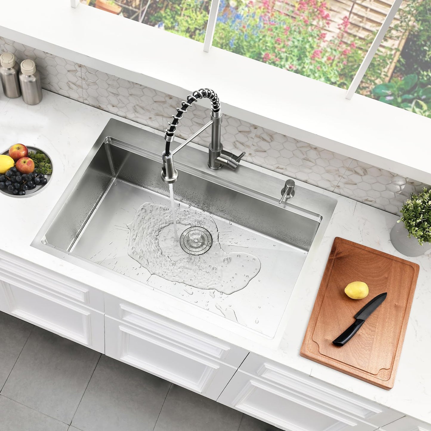 WMXQX Drop In Kitchen Sink, 33x22 Kitchen Sink with Faucet Stainless Steel Top Mount Workstation Overmount Handmade Single Bowl Deep Sink with Cutting Board&Soap Dispenser
