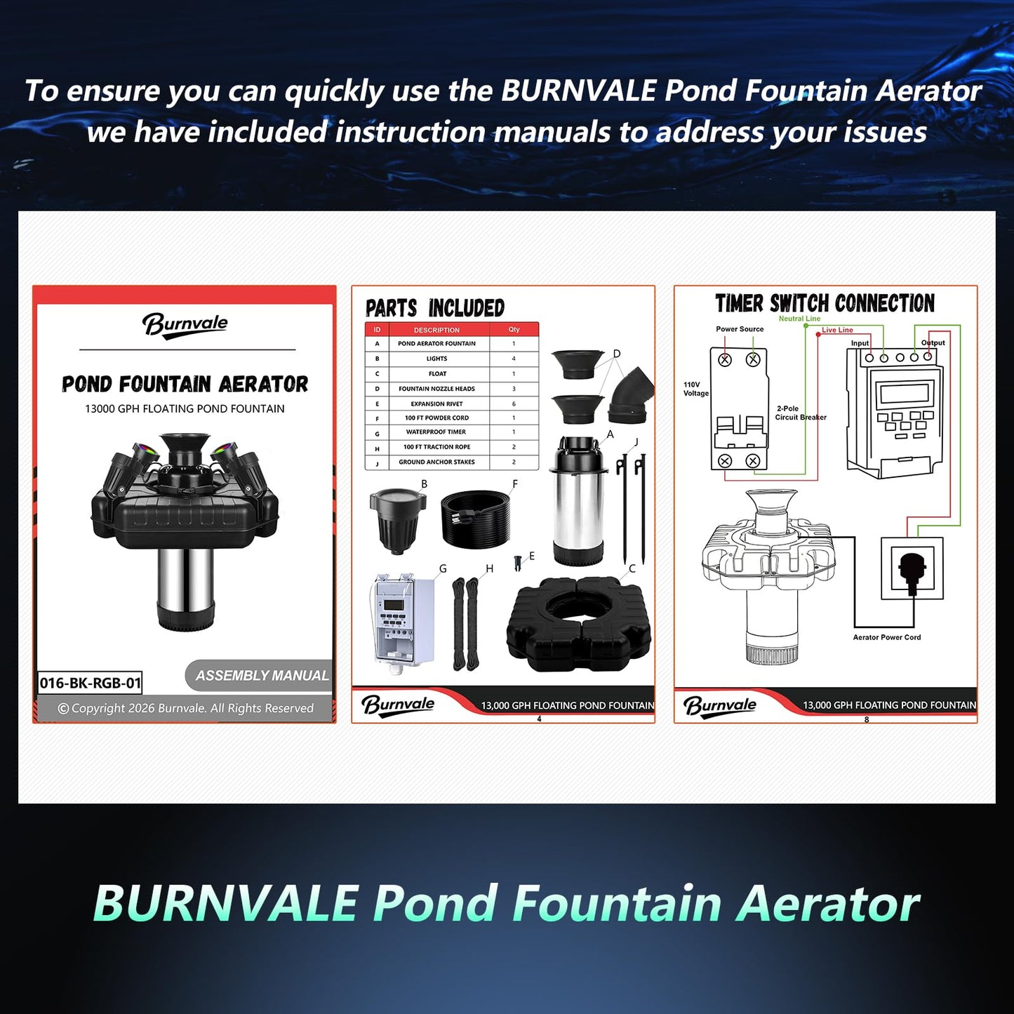 Burnvale Pond Fountain Aerator, 1HP 110V 750W Floating Pond Fountain, With4 RGB Lights，100 FT Power Cord，Waterproof Timer，2x100 FT Traction Rope，Floating Water Fountains for Ponds
