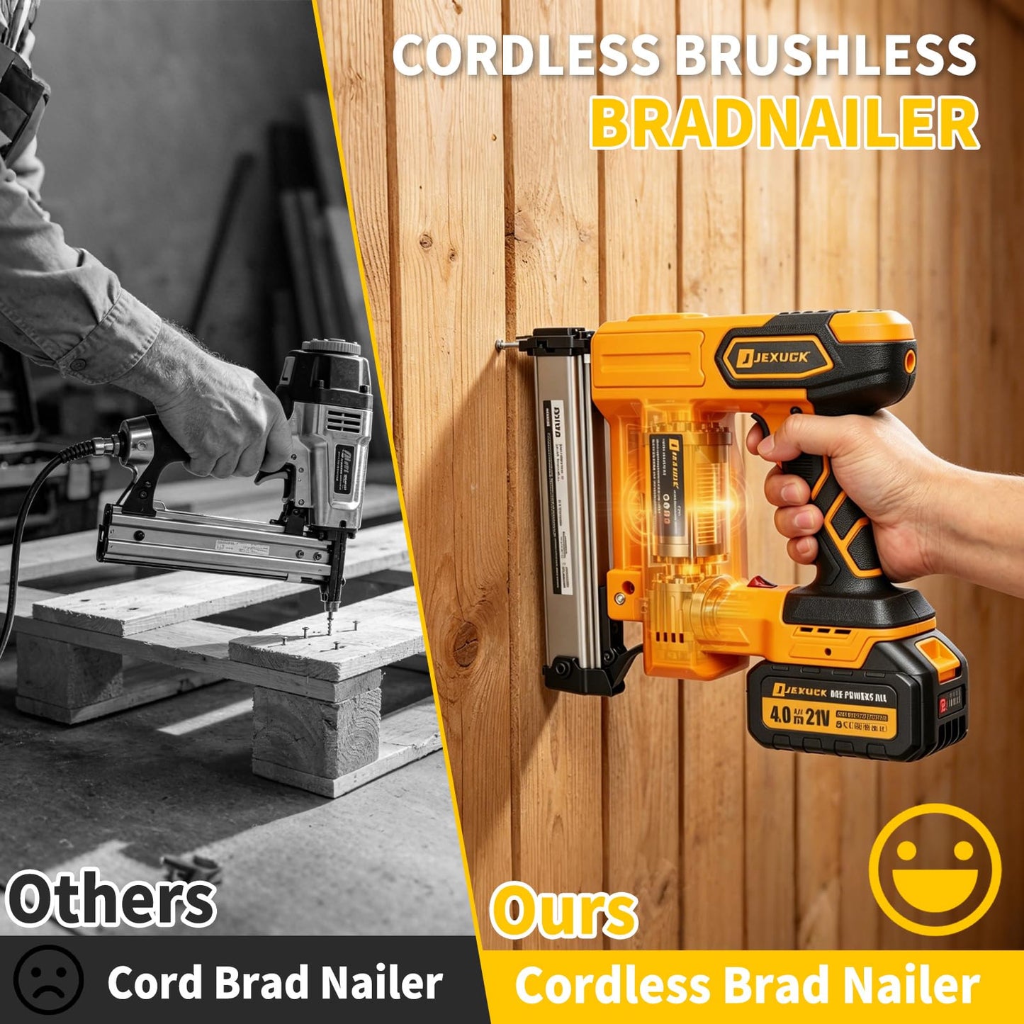 JEXUGK Cordless Brad Nailer, 18 GA Nail Gun Battery Powered with 2 x 4.0Ah Battery, 2 in 1 Electric Nail Gun with 1000 Brad Nails and 1000 Staples, Finish Nailer for Woodworking & Home Improvement