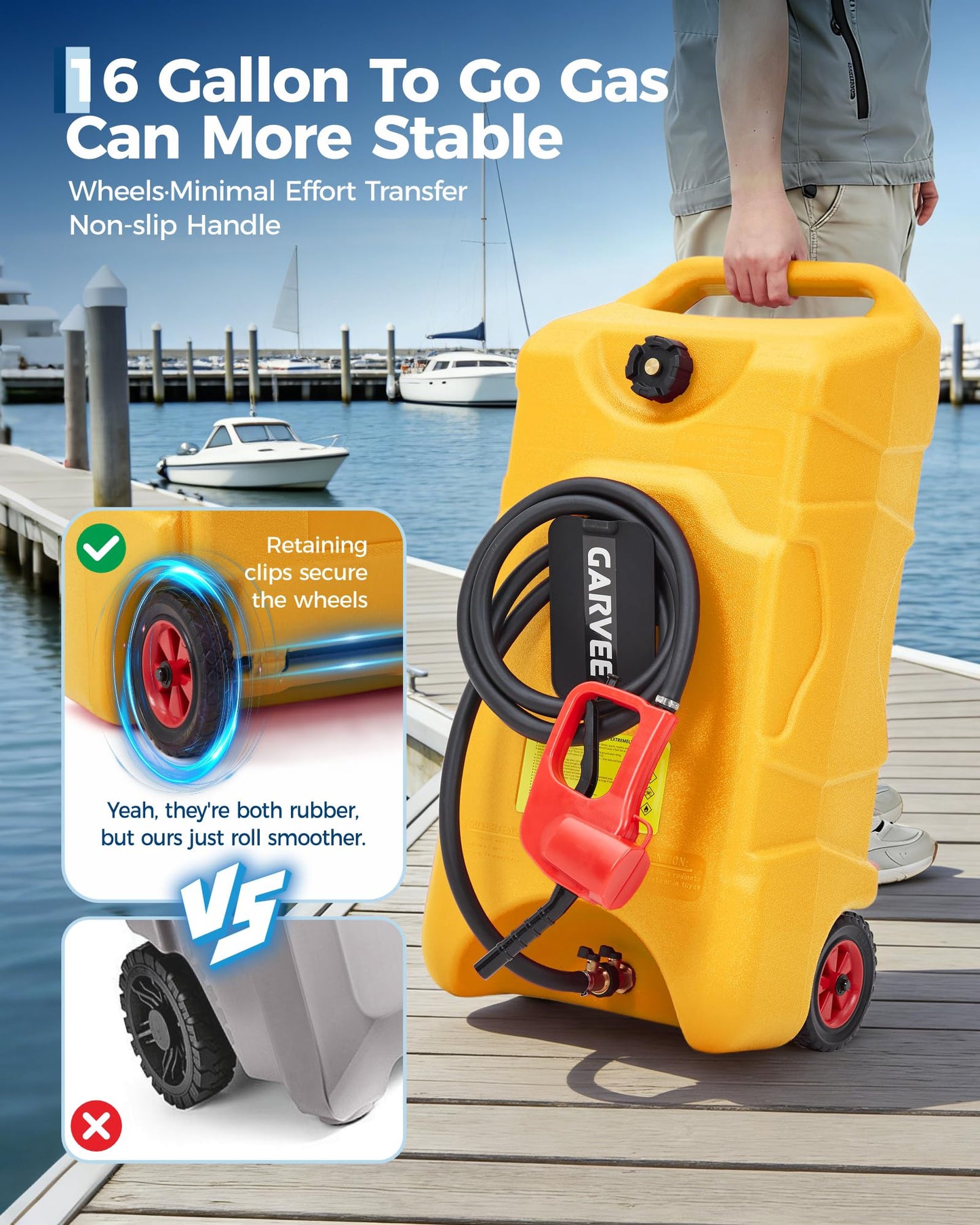 Garvee 16 Gallon Gas Can, Fuel Tank Container with LE Fluid Transfer Manual 10 FT Siphon Pump, Portable Diesel Gas Storage Caddy w/Wheels for Car, ATV, Weeder, Boat, Tractor,Snow Blower,Generator