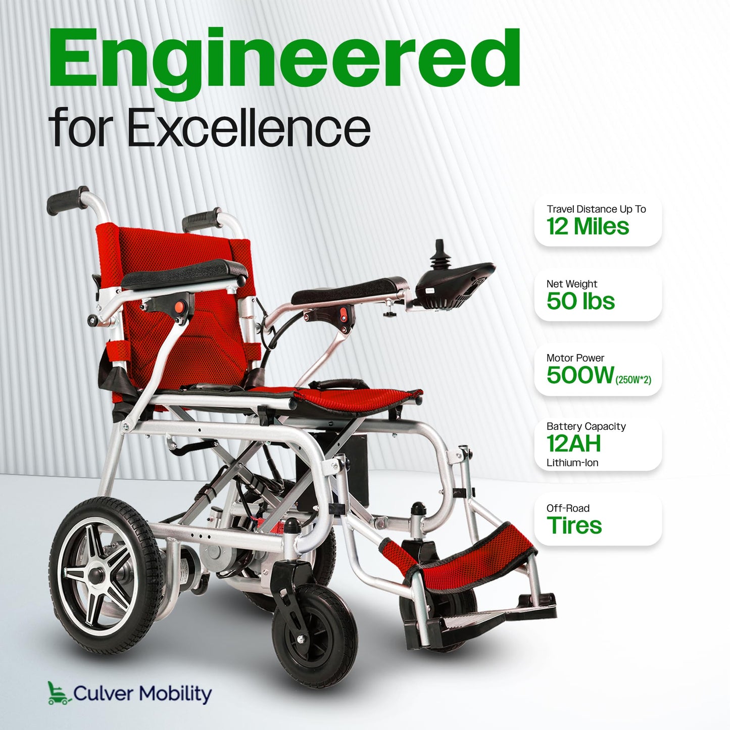 Culver Artemis Pro Lightweight Foldable Electric Wheelchairs for Seniors - 2x250W Motor Power Wheelchair - Travel/User Friendly Electric Wheelchairs for Seniors, Long Range Electric Wheelchair, Red