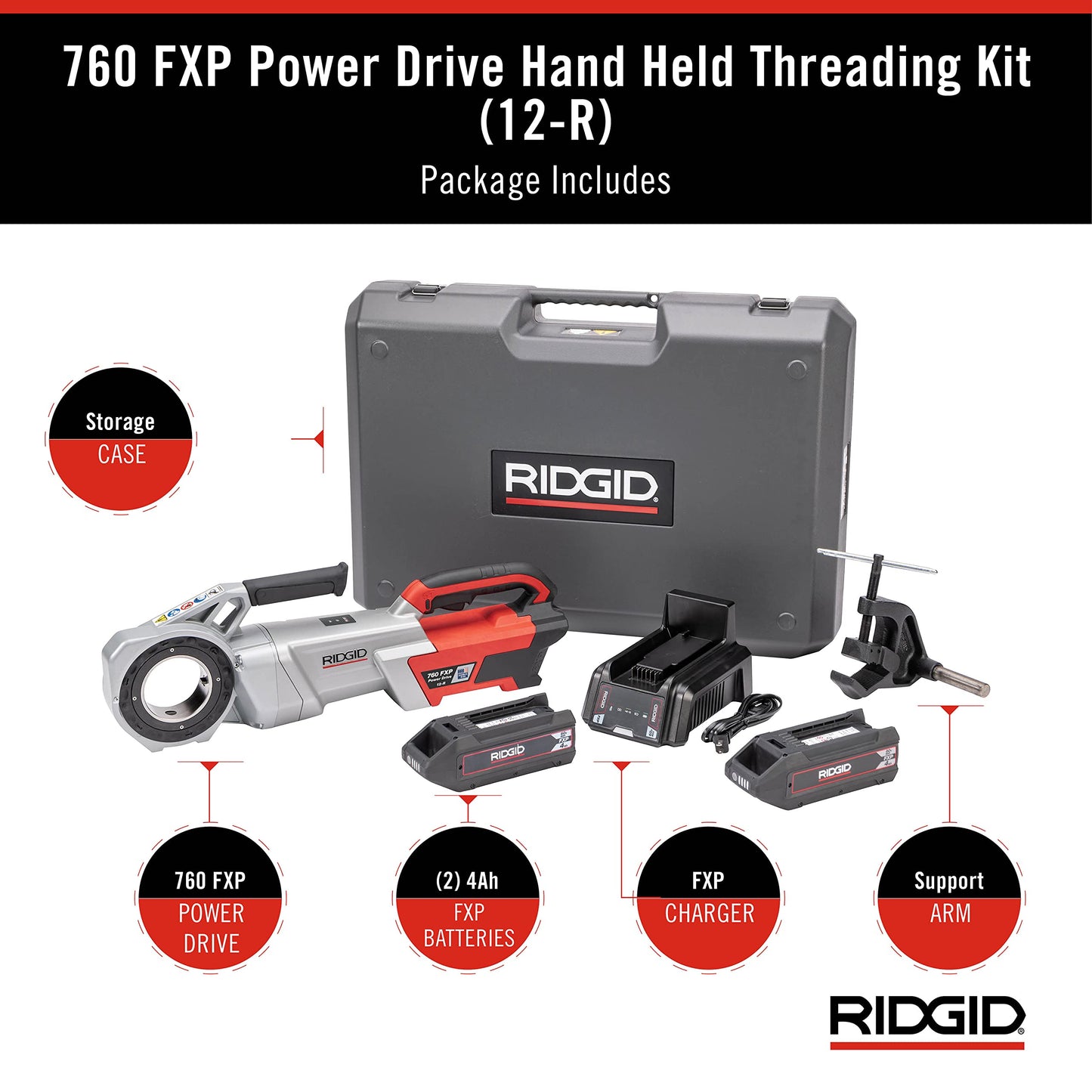 RIDGID 760 FXP Cordless Power Drive with 12-R Tool, Support Arm, and Case, Battery-Powered Pipe Threading Machine