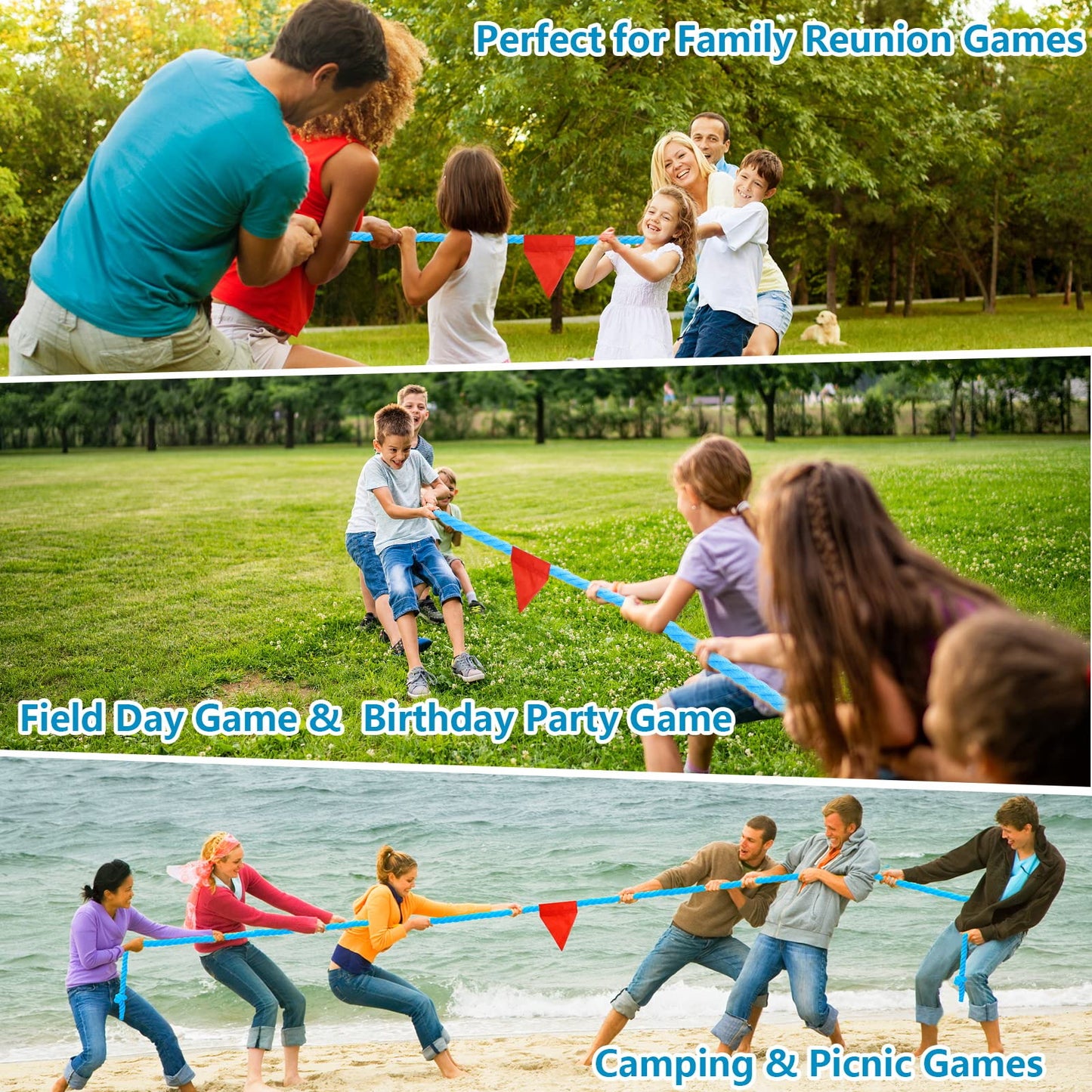 CWLAKON Tug of War Rope for Kids and Adults, Field Day Family Reunion Birthday Party Games, Outdoor Camping Picnic Backyard Carnival Games, Team Building Activities Play Set Climber Attachments Blue