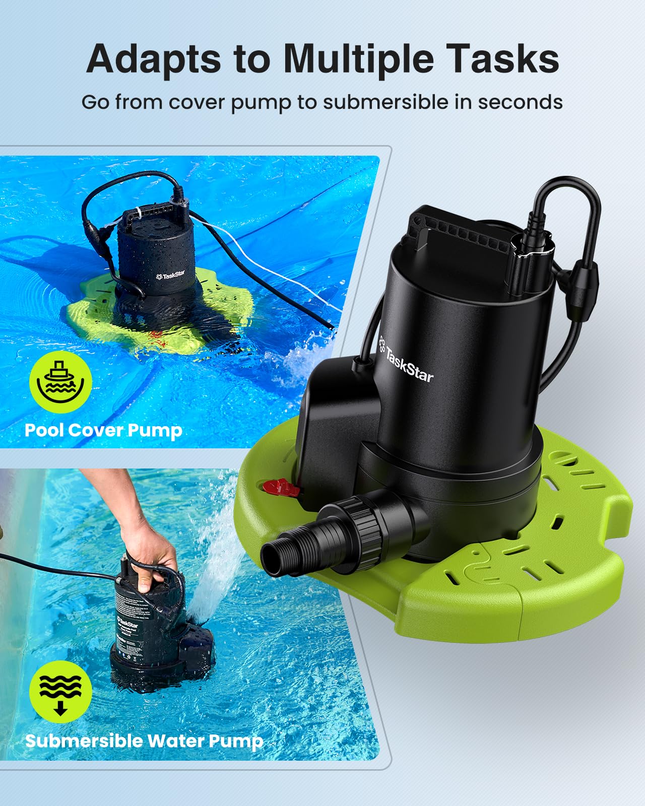 TaskStar 3035 GPH Automatic Pool Cover Pump with 23ft Hose Kit, 1/3 HP Submersible Water Pump with Anti-Clogging Filter Net & 3/4” Check Valve Adapter for Swimming Pool, Hot Tubs, Pond, Rooftops