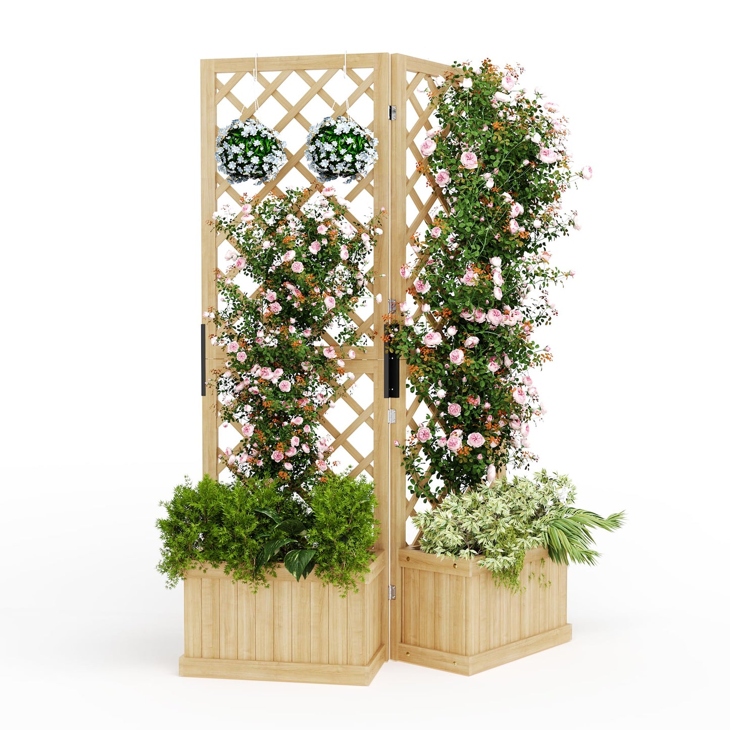 Cedar Privacy Screen with Planter Box - 2-Panel Freestanding Garden Fence, 41 in x10 in x65 in Tall Outdoor Divider with Drain Holes & Raised Bed for Patio, Deck & Backyard (Natural Wood)