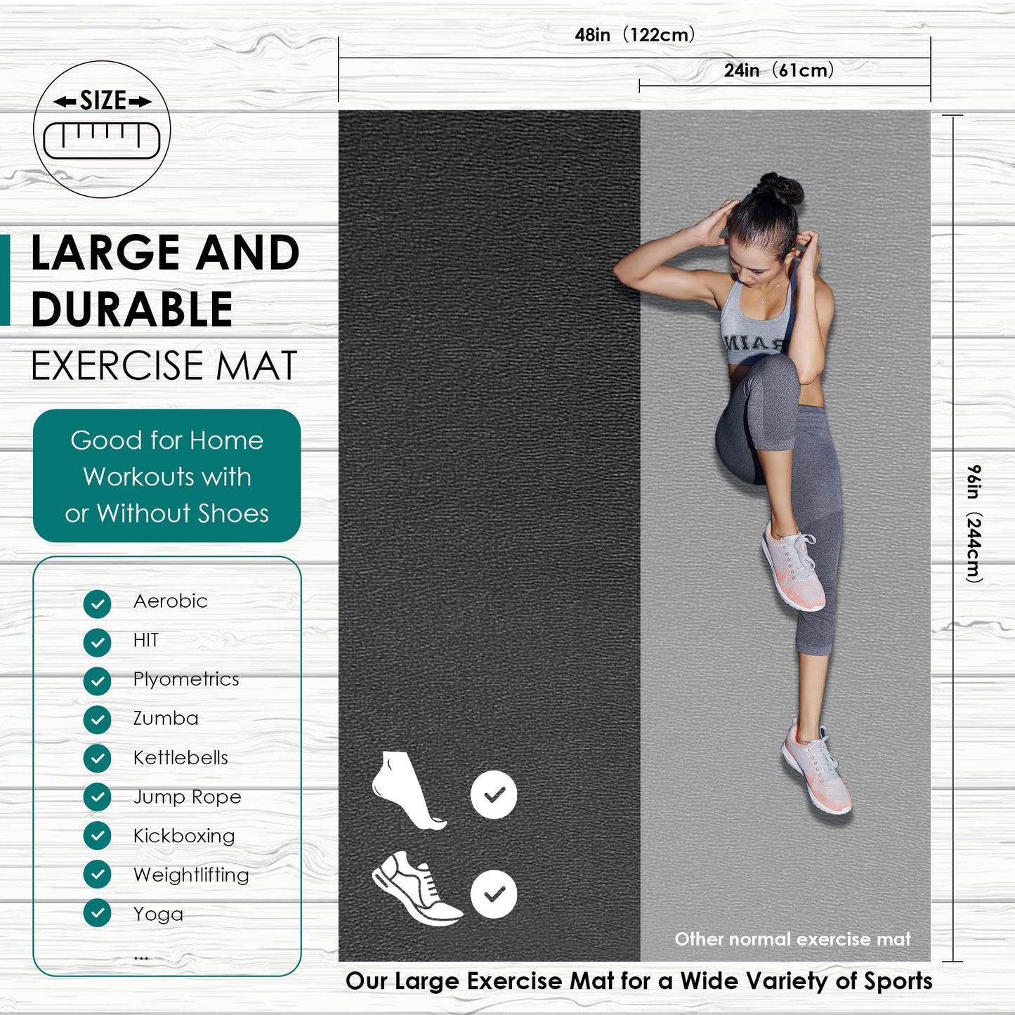 BesWin Large Exercise Mat, 8' x 4'x 1/4" Extra Durable Workout Mats for Home Gym Flooring, High-Density Gym Mats Cardio Mat for Jump Rope, MMA, Stretch, HIIT, Shoe-Friendly, Non-Slip, Non-Toxic
